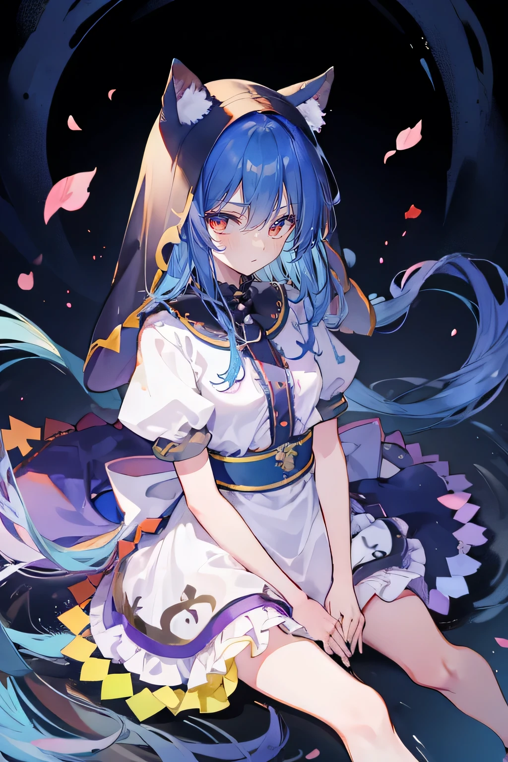 (masterpiece:1.2),Extremely detailed,Practical,expressive eyes,Fair skin,Perfect face shaping,1 Girl,
Japanese cartoons,Gorgeous blue hair, the long flowing blue hair,Floating clothes,Cat ears,Petals fall,beautiful lola,Angel,
Place your hands on your waist,sit elegantly on the ground,Cross your legs,Gentle and peaceful background,stately church,nun.