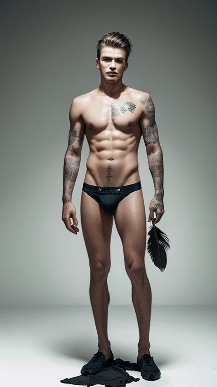 David Beckham with wet white underwear, Vintage dirty gray background, potted, Detailed body, Color images, (((((full body view))))), surreal photography, looking over her shoulder, leaked, no shirt, from head to toe, Homoerotic, There is a young man with a tattoo on his arm, digital arts, inspired by Victor Surbek, flickr, Digital Art, Mixed media photography, Highly conceptual figurative art, photo portrait, feathers, Growing out of hand, photo manipulation, Surreal portrait photography, photomanipulation, surreal photography, Digital collage, creative photo manipulation, Surrealist conceptual art