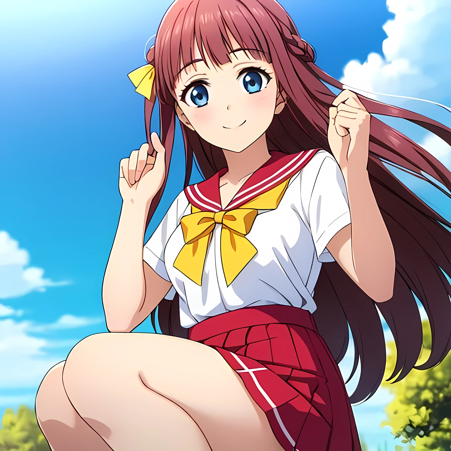 (highest quality, masterpiece:1.2), highest quality, High resolution, 1080p, 8K, CG of the heroine of a beautiful girl game, Height: 158cm, A beautiful heroine falls from the clear blue sky with a smile, A face that everyone loves, Glossy lips, Even bangs, Double, Long eyelashes, Long lower lashes, Big wide blue eyes, The very large and thick yellow ribbon bowtie is very cute., Beautiful, shiny red long hair, A neat red pleated skirt that reaches down to the knees, ((Sailor suit with red collar)), ((A white blouse with a slight red tint)), Ribbon in hair, Thick calves, Tight waist, Many navy blue pleated skirts fall, Approaching the viewer with open arms, Shooting from below