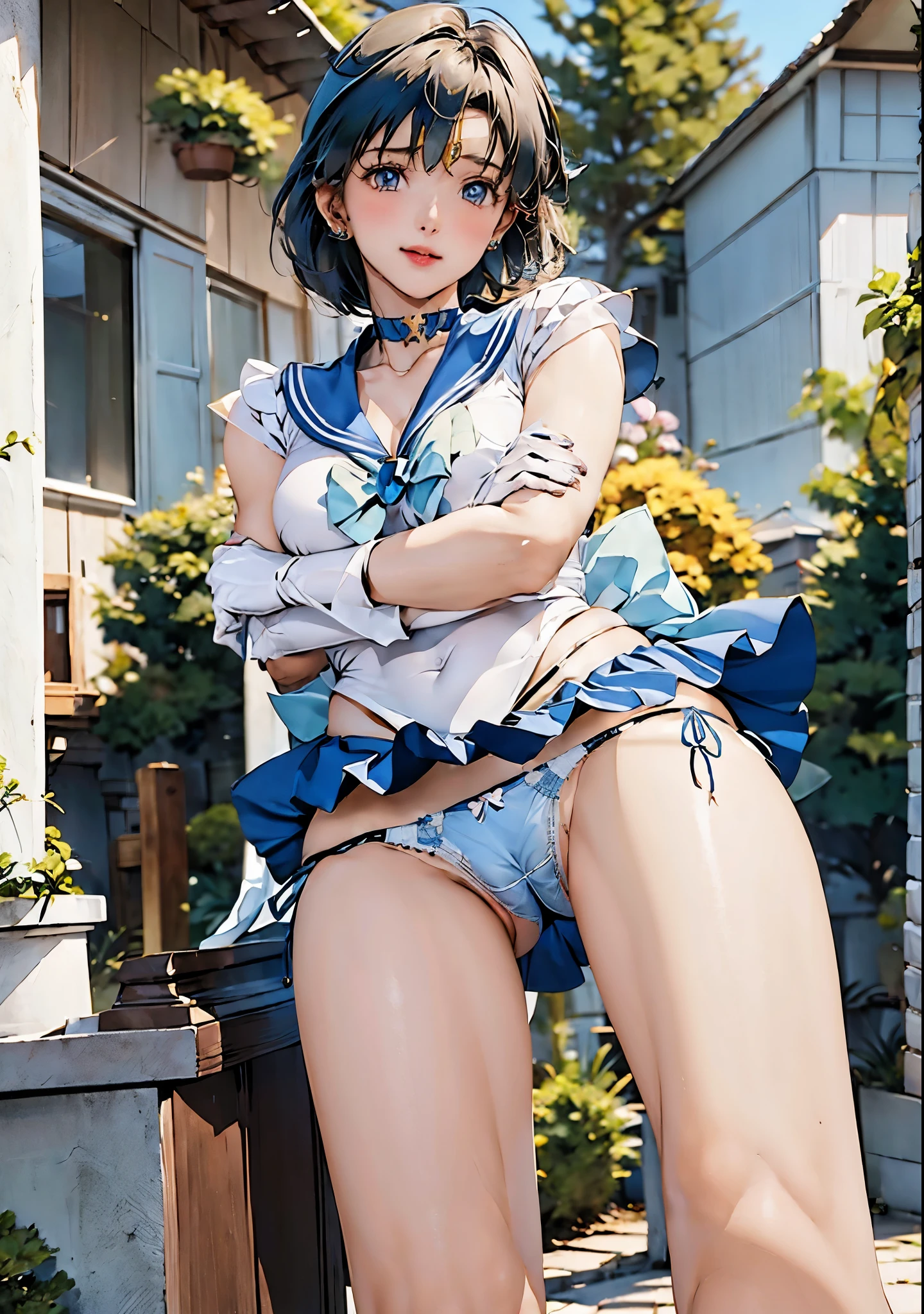 masterpiece, highest quality, High resolution, Realistic, Show more1, tiara, Sailor Warrior Uniform, Blue Skirt, Blue sailor collar, tiara, bow, Knee Boots, choker, White gloves, blue choker, elbow gloves, jewelry, Earrings, Pleated skirt, Cowboy Shot, Garden with lots of blue flowers on background, Arms above head, Angle from below, ((Showing panties:1.3))