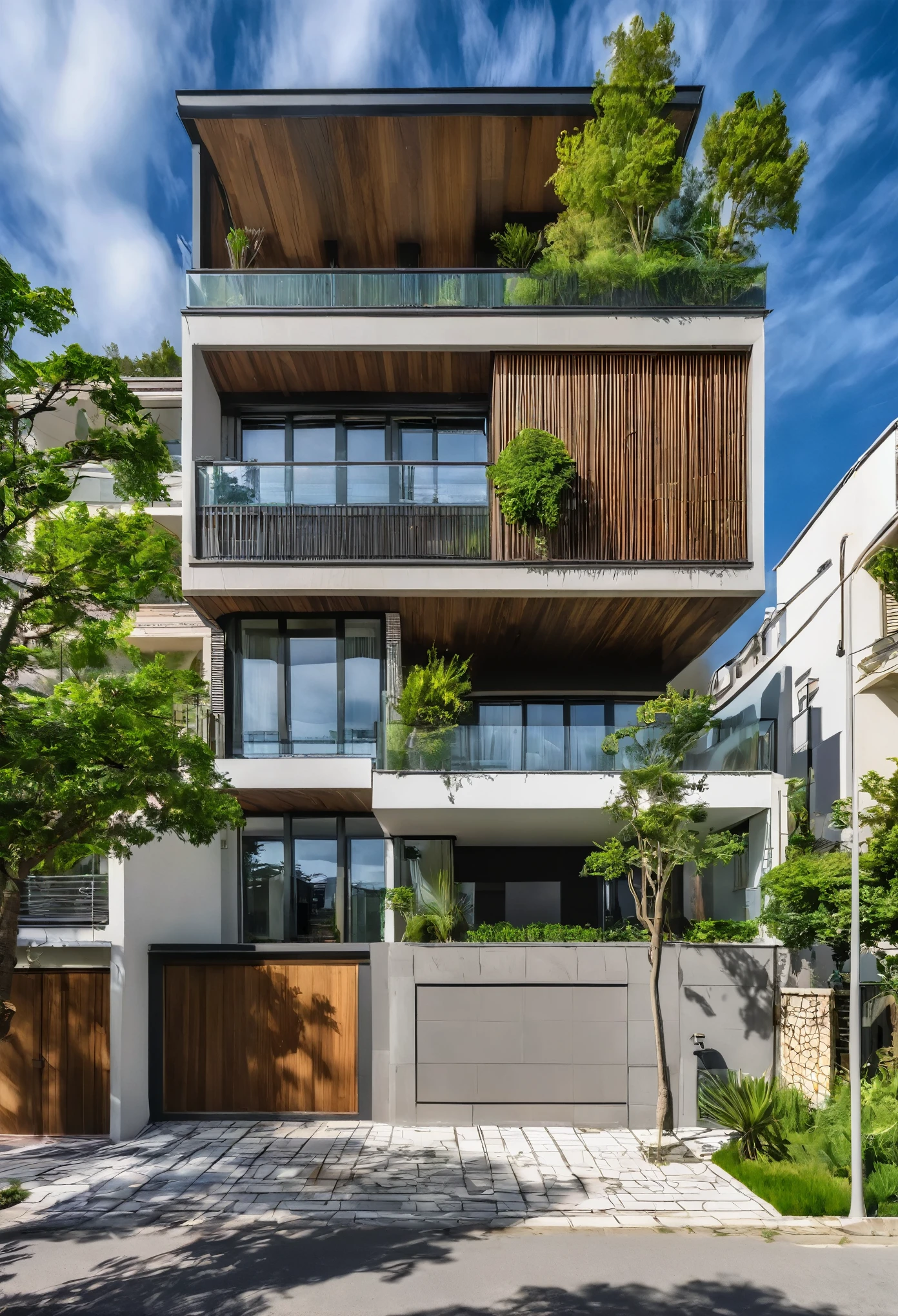Photographie RAW prise avec le Nikon D7500 + Appareil photo AF-S DX NIKKOR, objectif 18 mm, ultra-large, Air Angle, 8k, superior quality, hdr, Extreme realismment élevé, Extreme realism, maison moderne arafée avec un grand balcon et une allée en brique, Maison contemporaine, large modern residence, chef d'well designed work, vue de face, maison moderne, outdoor wide angle 2023,hdrI AISD, Architecture contemporaine, archaic, un plan lointain de face, maison conceptuelle, Neoclassical, Neoclassical, Conception architecturale globale, maison urbaine, award-winning modern design