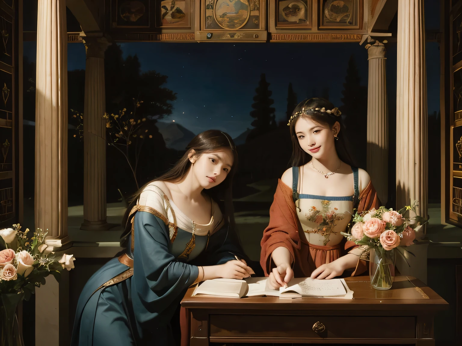 Giorgione painting style,Arguments of two female Philosophe,math、astronomical machine、astronaut、roses in vase、fruits、Cute trinkets、smile、ancient greek costume、Background is a forest lake at night 、Clothes that stretch your shou