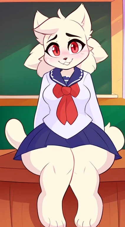 by teranen, by freeedon, by Kilinah, by Coffeesoda, by Hioshiru, by Kilinah, (Chuck jones Type Cartoon Cat, woman, breasts, antrum, extremely detailed, extremely detailed legs, extremely detailed arms, extremely detailed face, perfectly detailed eyes, perfectly detailed anatomy): 1.2, solo, perspective, curved thighs, huge thighs, curvature, embarrassed smile, (tail), totally blushed, nervous, looking at the viewer, bedroom, red eyes, school girl uniform, school, day, classroom, sitting on a desk