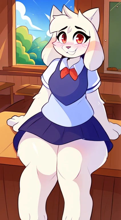 by teranen, by freeedon, by Kilinah, by Coffeesoda, by Hioshiru, by Kilinah, (Chuck jones Type Cartoon Cat, woman, breasts, antrum, extremely detailed, extremely detailed legs, extremely detailed arms, extremely detailed face, perfectly detailed eyes, perfectly detailed anatomy): 1.2, solo, perspective, curved thighs, huge thighs, curvature, embarrassed smile, (tail), totally blushed, nervous, looking at the viewer, bedroom, red eyes, school girl uniform, school, day, classroom, sitting on a desk