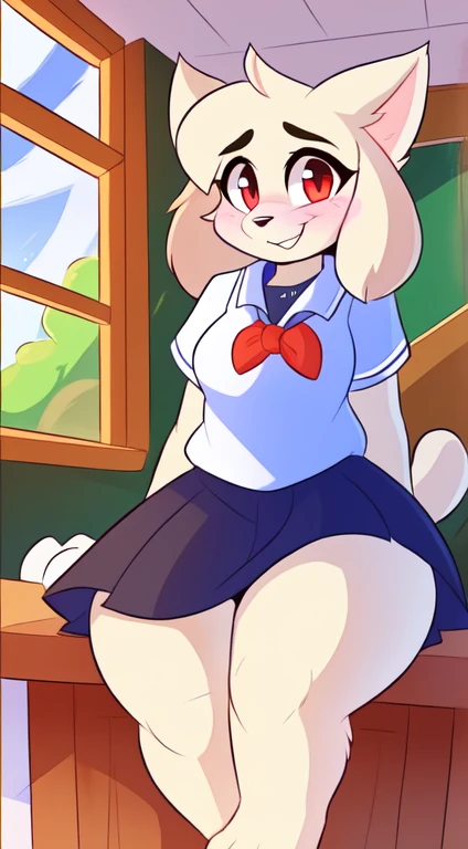 by teranen, by freeedon, by Kilinah, by Coffeesoda, by Hioshiru, by Kilinah, (Chuck jones Type Cartoon Cat, woman, breasts, antrum, extremely detailed, extremely detailed legs, extremely detailed arms, extremely detailed face, perfectly detailed eyes, perfectly detailed anatomy): 1.2, solo, perspective, curved thighs, huge thighs, curvature, embarrassed smile, (tail), totally blushed, nervous, looking at the viewer, bedroom, red eyes, school girl uniform, school, day, classroom, sitting on a desk