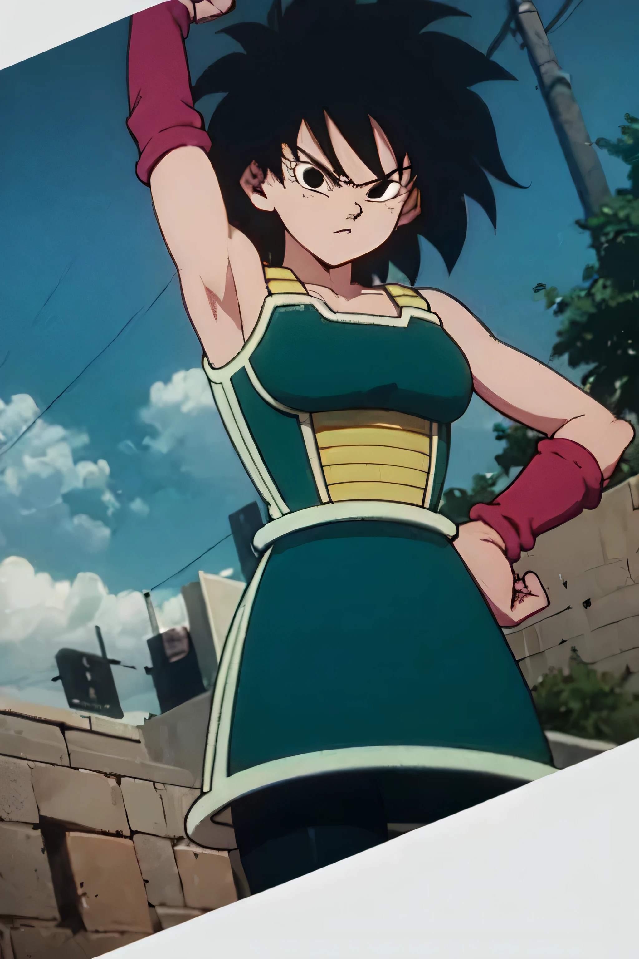 gine,short black hair, black eyes, bare shoulders,pink wristbands,breastplate, green saiyan armor,green skirt,pantyhose, looking serious, angry, fighting pose, village, blue sky, high quality, masterpiece mature appearance,armpits,sweat,sweaty,sweaty armpits,arms up,showing armpits,awesome armpits,outfit,blackish red arm warmers,maroon arm bands, maroon arm warmers,both arms raised