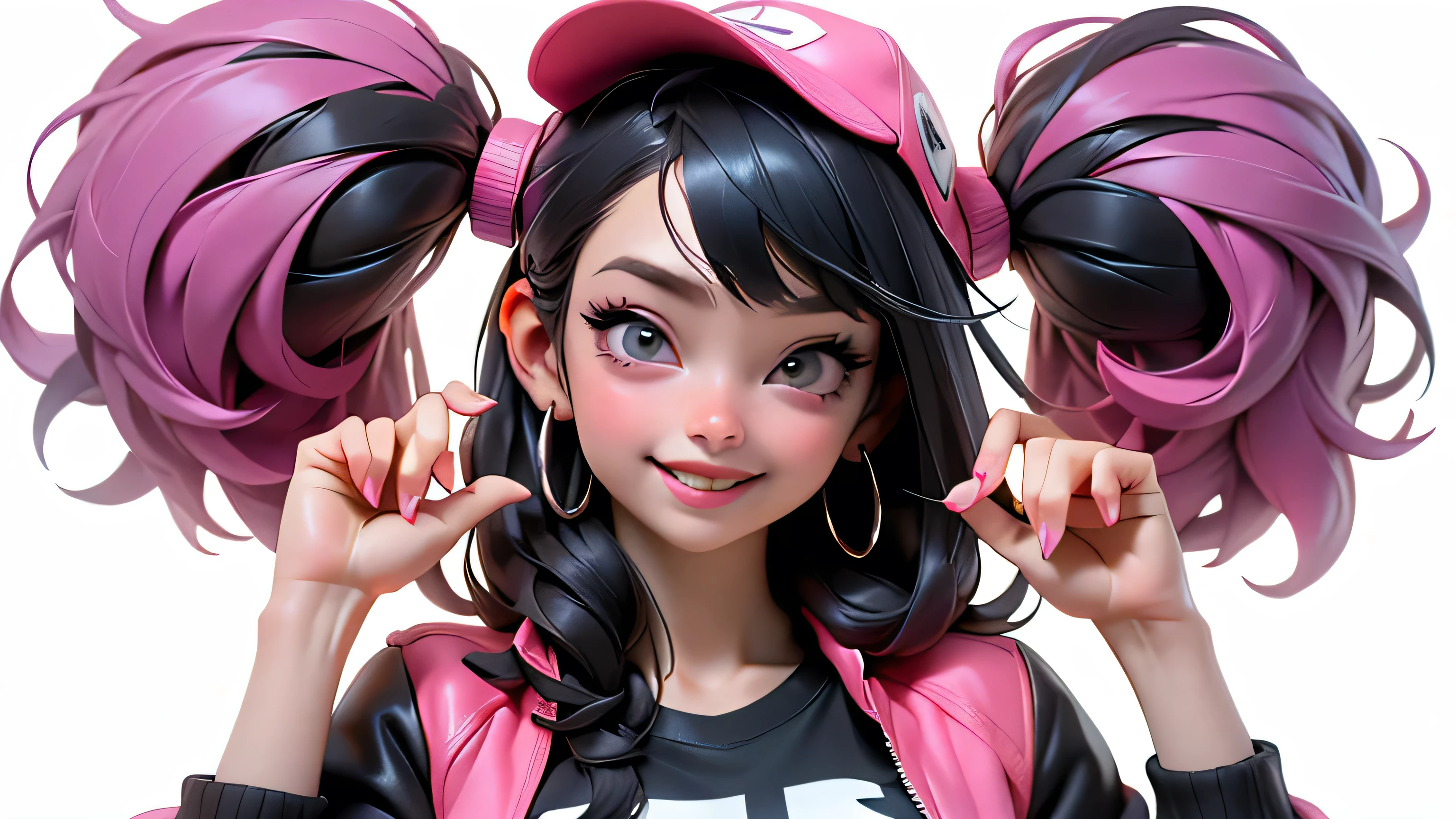 ((Best Quality, best resolution, award-winning portrait, official art)), ((perfect Masterpiece)), ((Realistic)) and ultra-detailed photography of a 1nerdy woman, 25 year old, with goth and post apocalyptic colors. She has ((long whispy long Black-colored hair)), wears a (Pink Bomber Jacket with a white Tshirt and a Black Crop top) and a (Harajuku-inspired shorts:1.2) , ((the most beautiful and sexy aesthetic)), holding cotton candy, Show the whole body, Leaning back, Head tilt, winking, laughting, white background, Smiling. Knee high socks,  Dynamic pose Full Body, with a pizza hat, cotton candy