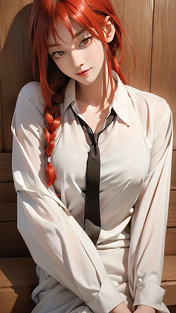 (8k, RAW photo, masterpiece, best quality, realistic:1.4), makima \(chainsaw man\), (red hair)+(long braided hair)+(bangs), yellow eyes, golden eyes, (ringed eyes), ((asian)), (white shirt), (necktie), bangs, stare, smile, (evil:1.2), full body, Girls' Front, looking at viewers,