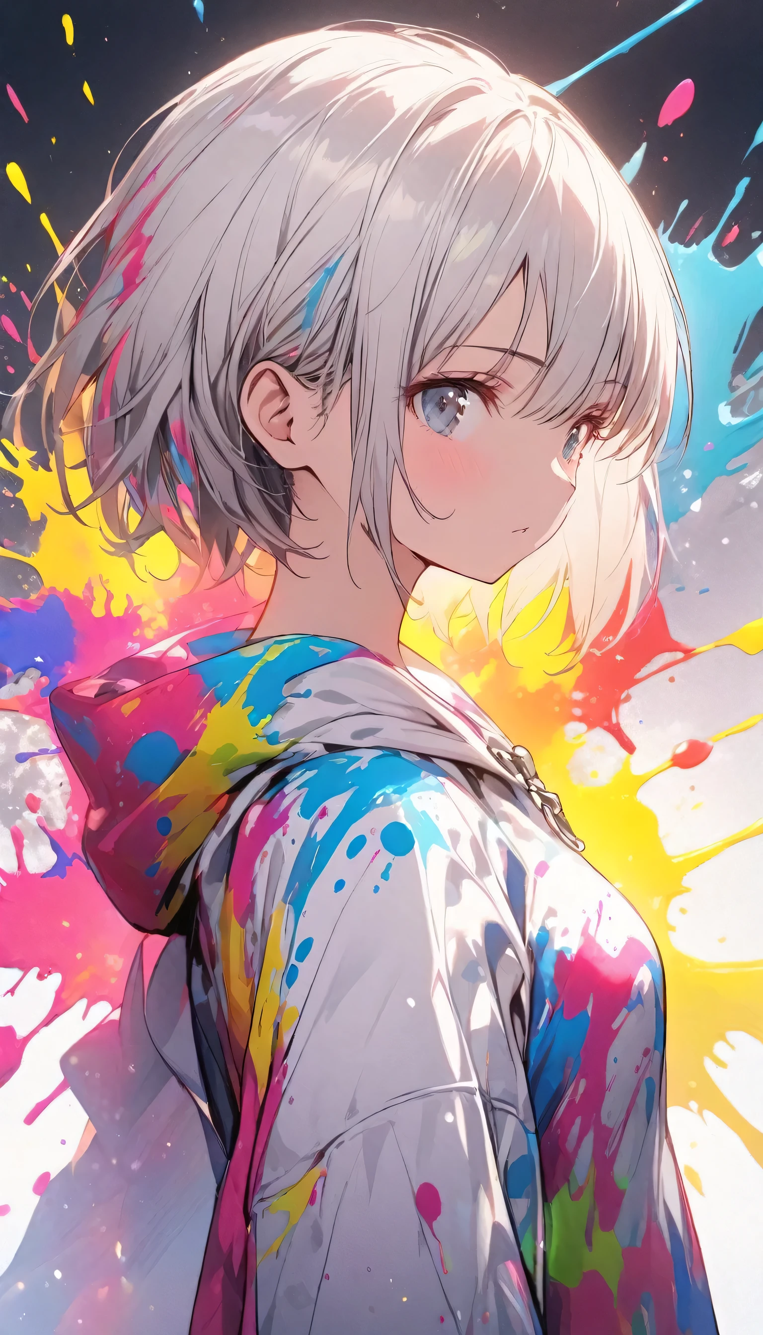  girl, slender body, ((boyish hair, very short silver hair )), knitted onepiece dress long sleeves, standing, upper body shot, colorful paint splash:1.5