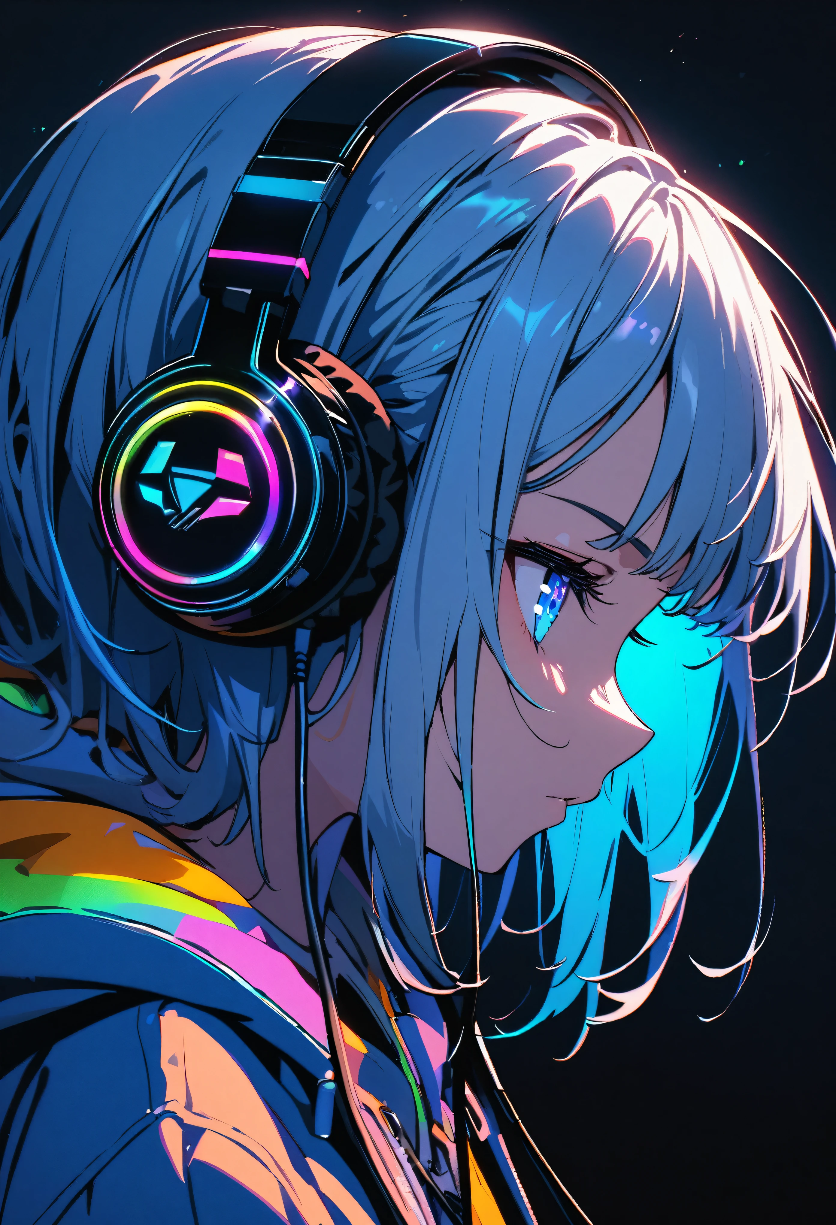 ultra detailed,1 girl, solo, hoodie, facial profile, headphone, RGB lighting headphones, headphones with blue lighting, headphone with cable