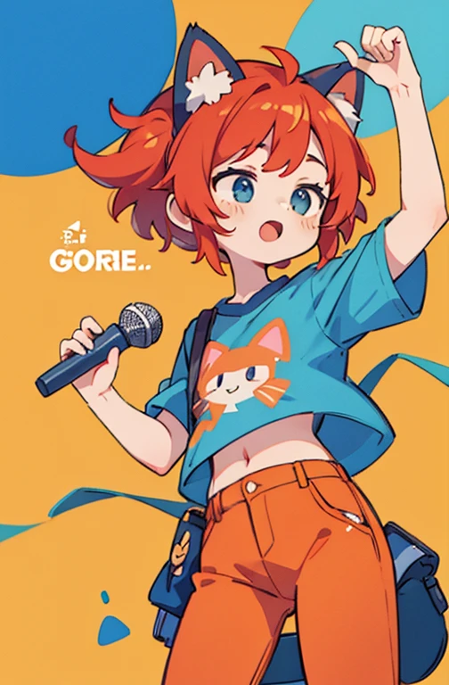 score_9, score_8_up, score_7_up, , Junie blue top red-haired orange pants cat ears holding microphone
