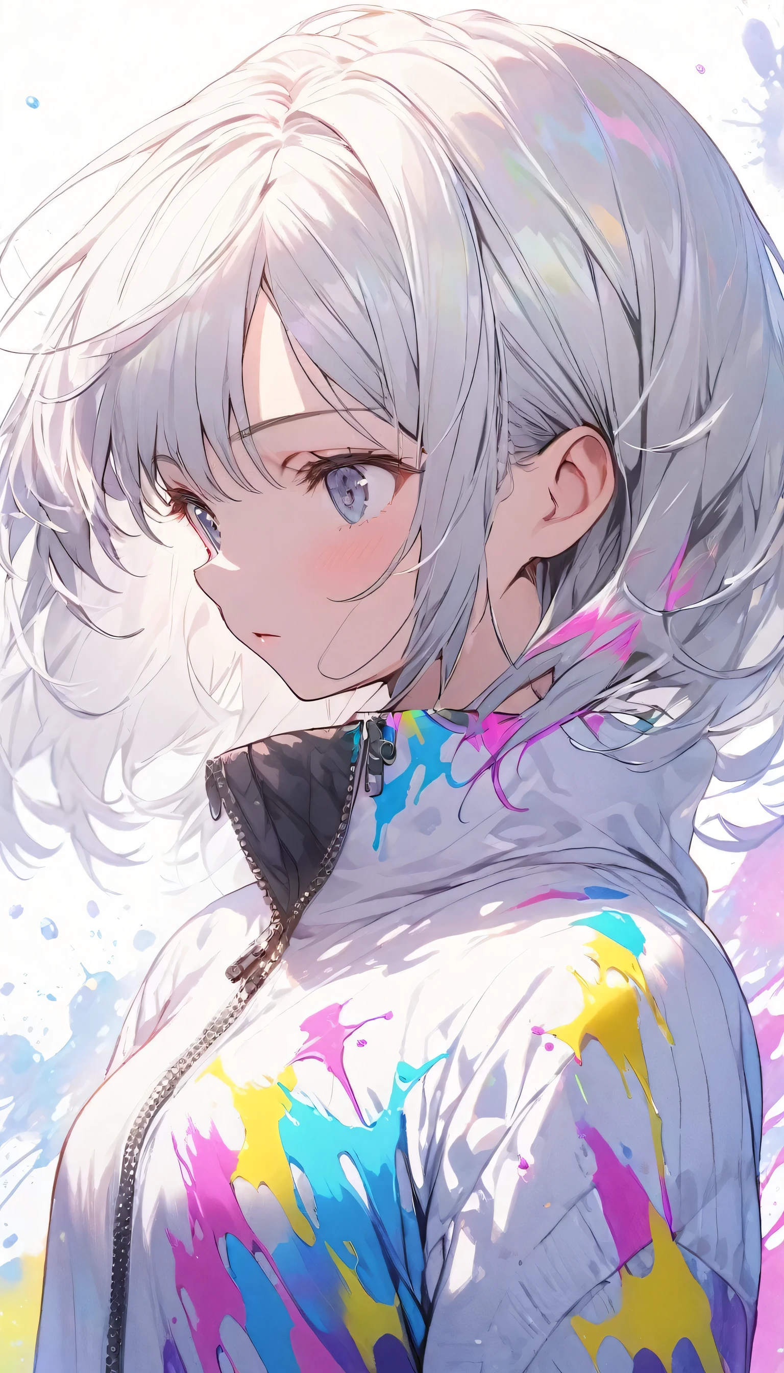  girl, slender body, ((boyish hair, very short silver hair )), knitted onepiece dress long sleeves, standing, upper body shot, colorful paint splash:1.5