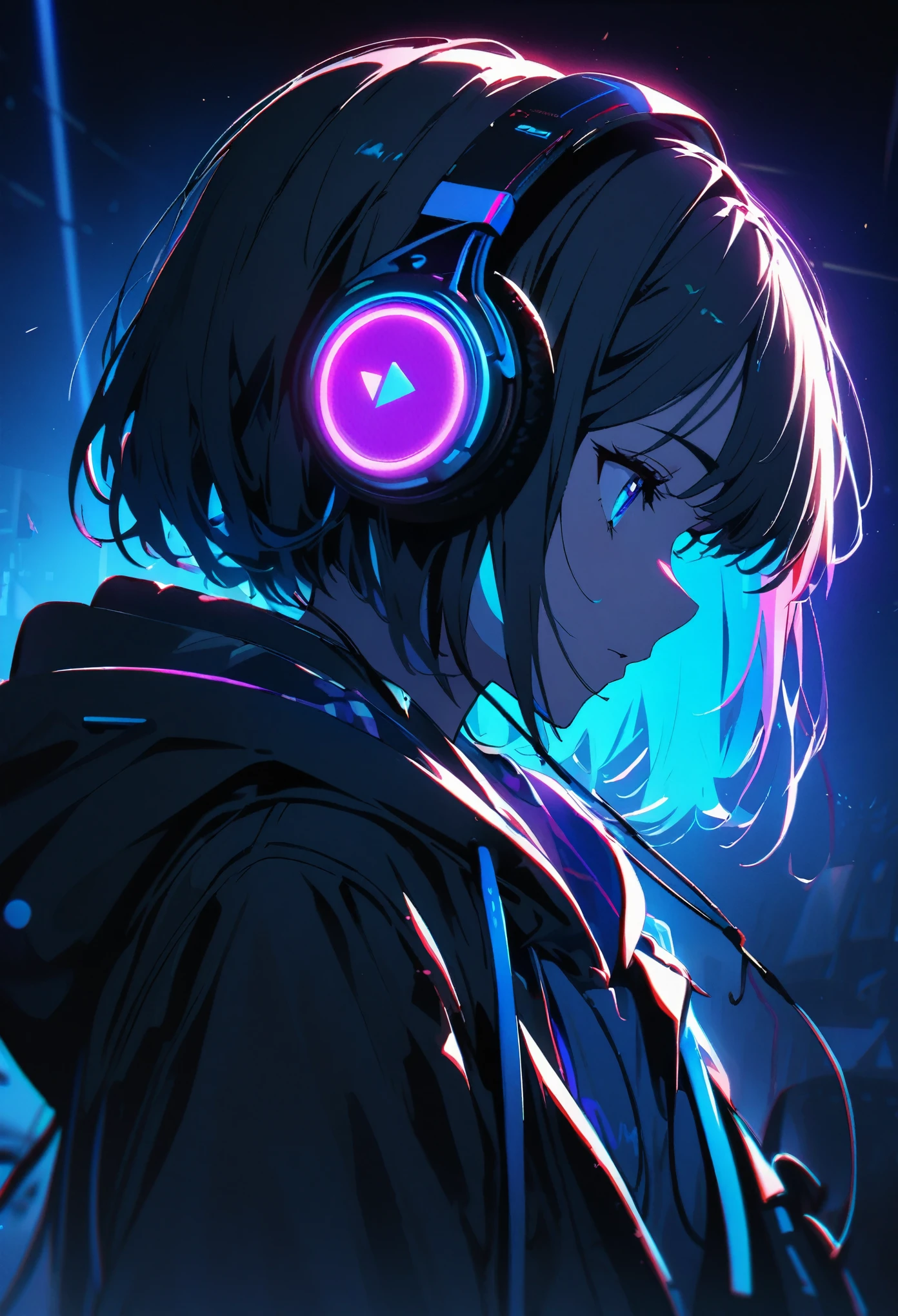 ultra detailed,1 girl, solo, hoodie, facial profile, headphone, RGB lighting headphones, headphones with blue lighting, headphone with cable, blue lighting