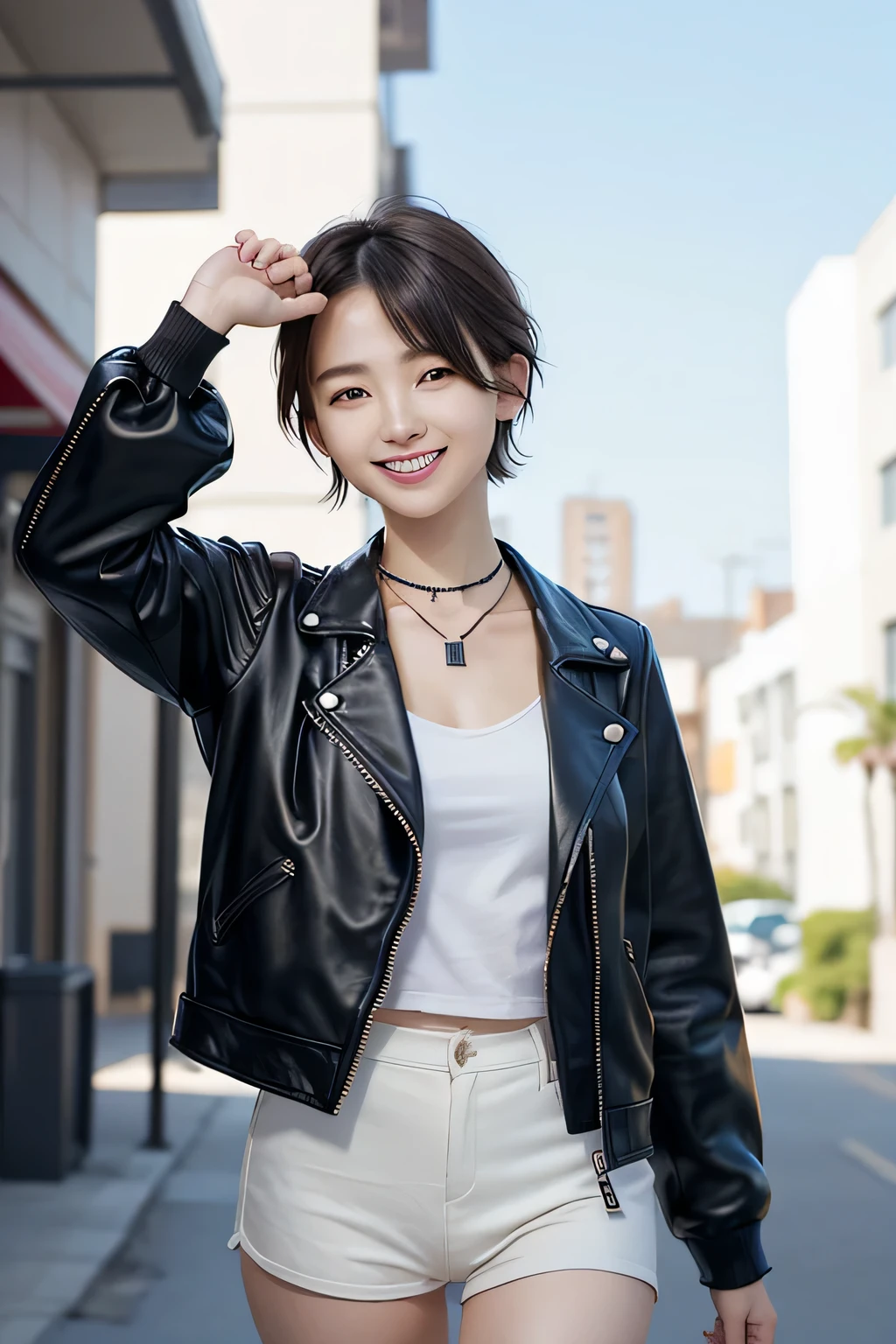 205 ((short hair)), 20-year-old female, In underwear、Leather jacket with sleeves unworn、Wear a jacket over your shoulders、smile、Beautiful teeth alignment、、Black Hair、ear piercing、Necklace around the neck、Looking into the camera, The background is the city Off-the-shoulder fashion