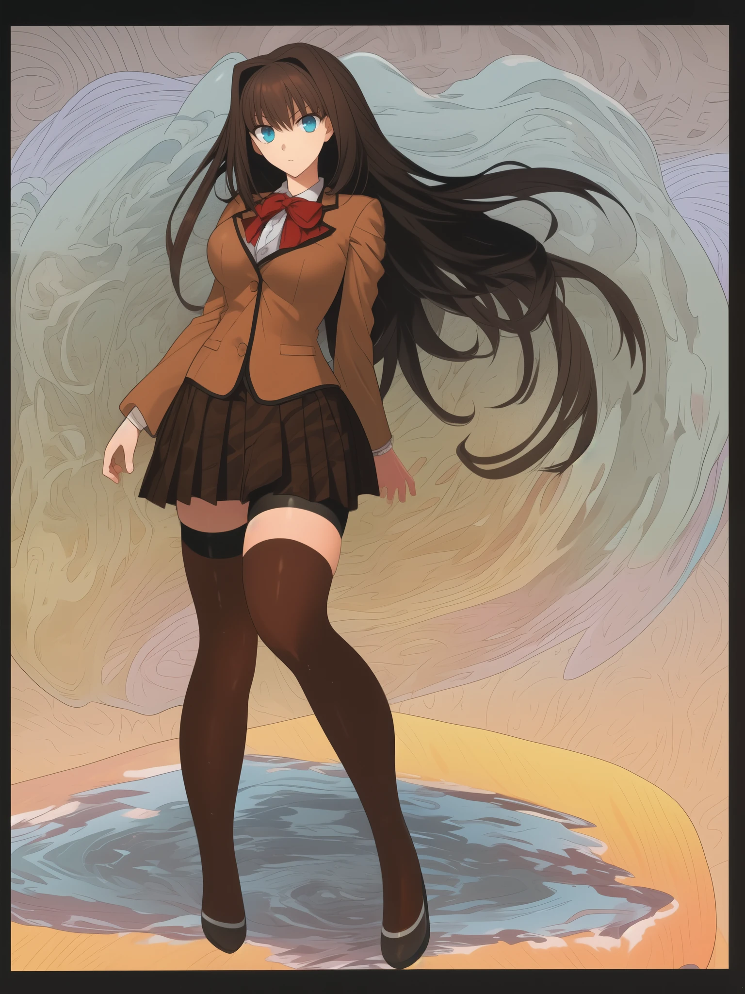 BREAK, blank background, white background, (EMPTY BACKGROUND), BREAK (masterpiece:1.2), best quality, high resolution, 8k, illustration, (beautiful detailed eyes:1.6), extremely detailed face, extremely detailed, CG, perfect hands, perfect anatomy, (((1girl))), (((solo))), (((bbaoko))), (((2 legs max:1.7))), (((2 feet max:1.6))), ((swirling vortex shaped longest brown hair:1.5)), (brown longest hair with slightly reddish undertone:1.6), (lush luscious longest brown hair:1.6), (very long voluminous longest brown hair:1.5), serious, blue eyes, red bowtie, (Form-fitting beige blazer:1.5), brown jacket, (highly detailed beautiful face:1.2), (white shirt:1), (well shaped large breasts:1.6), (nice hips:1), (((Umber pleated thigh-high skirt:1.6))), (((black bike shorts:1.4))), (2 nice visible thighs:1.6), (symmetrical thigh-high black colored stockings:1.6), (strap shoes brown color), (facing front:1.5), ((standing straight:1.5)), ((Fullbody in frame:1.6)), ((Full body:1.5))
