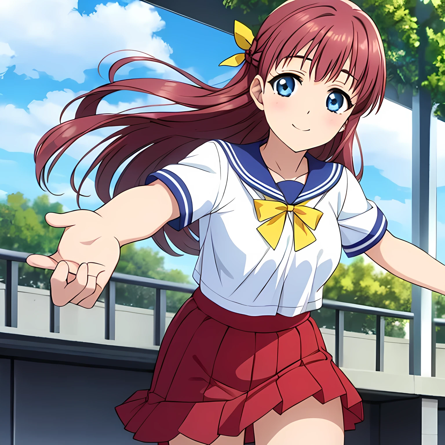 (highest quality, masterpiece:1.2), highest quality, High resolution, 1080p, 8K, CG of the heroine of a beautiful girl game, Height: 158cm, A beautiful heroine falls from the clear blue sky with a smile, A face that everyone loves, Glossy lips, Even bangs, Double, Long eyelashes on both the top and bottom, Big wide blue eyes, The very large and thick yellow ribbon bowtie is very cute., Beautiful, shiny red long hair, A neat red pleated skirt that reaches down to the knees, ((Red collar of sailor suit)), ((Light pink blouse)), Ribbon in hair, Thick calves, Tight waist, Many navy blue pleated skirts fall, Approaching the viewer with open arms, Shooting from below