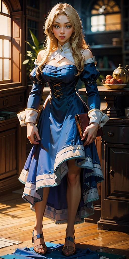 1girl, full body, long blonde hair, green eyes, blue maid dress