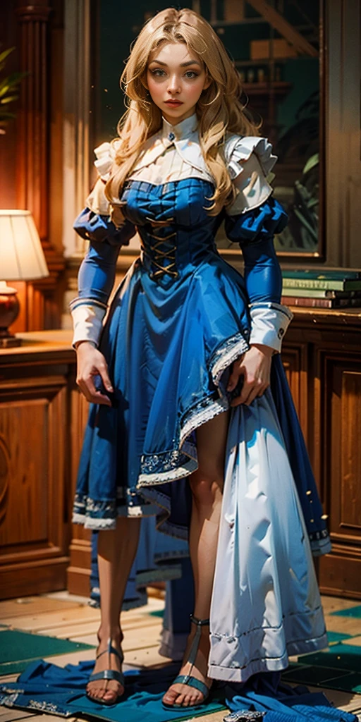 1girl, full body, long blonde hair, green eyes, blue maid dress