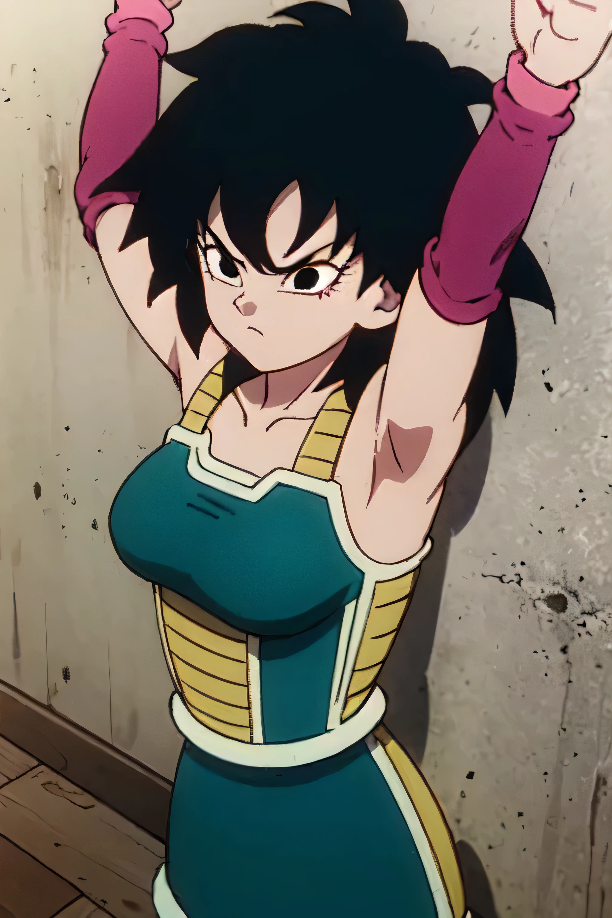 gine,short black hair, black eyes, bare shoulders,pink wristbands,breastplate, green saiyan armor,green skirt,pantyhose, looking serious, angry, fighting pose, village, blue sky, high quality, masterpiece mature appearance,armpits,sweat,sweaty,sweaty armpits,arms up,showing armpits,awesome armpits,outfit,blackish red arm warmers,maroon arm bands, maroon arm warmers,both arms raised