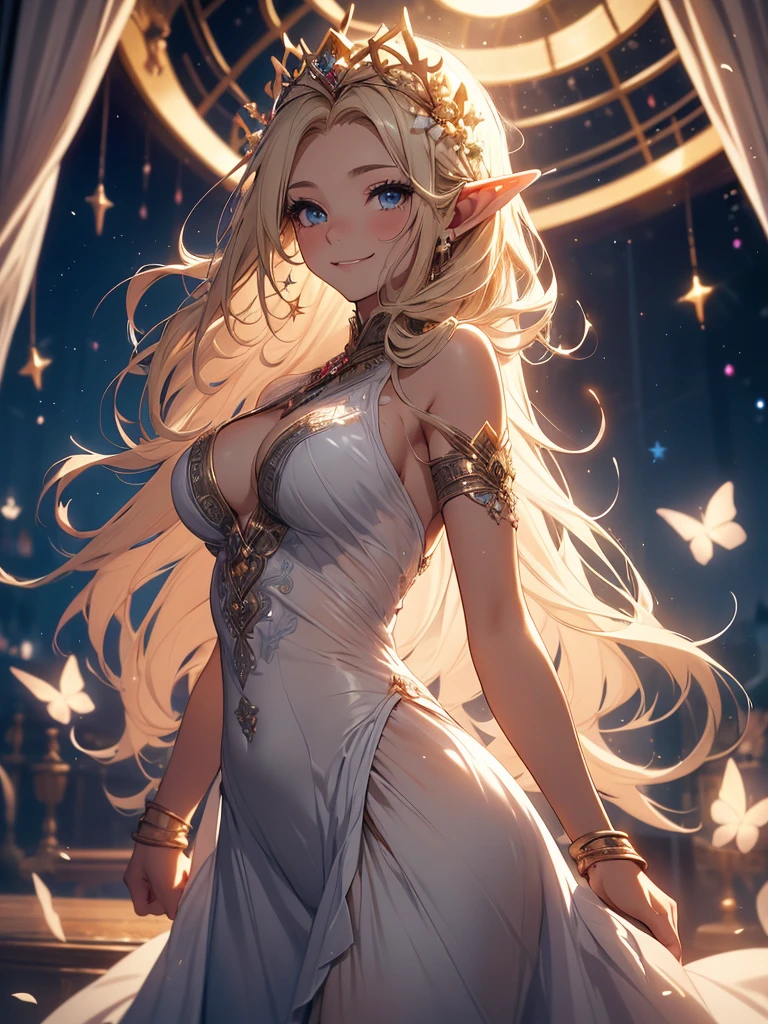 最high quality、1 woman elf kind personality、NP: Worst quality ,Flower fractal art　　Beautiful side shot, radiance,High-definition depiction, Realistic, 8k, Unity, Wide Shot, light smile, Beautifully and vividly drawn, , Beautiful, beautiful, clear skin、sexy see-through bodystocking,Countless rays of light pouring down, Swirling Light, big background, Raise one arm above your head, Intense light is emitted from the magic circle in front of the girl.
Romanticism,Cowboy Shot: The most beautiful form of chaos, Mr..々color, Intertwined flowers, Particle,magical gentle light,smile,sexy,image quality、masterpiece、Beautiful Face、Super beautiful elf woman((Big breasted 22 year old office lady、Nipples、Bust 90,Beautiful long ironed hair 、Blonde hair,height: 165cm。、sexy、Esbian、、high quality、、background((Star Narski)))、Starry Sky、Visual art、Written boundary depth、、Elf Ears、、universe、Happy smile、Gentle light、Elf forest、elegant、ticker beautiful decorative、、magic、forest、Beautiful tiara、Beautiful bed、Beautiful Landscape、A kind smile、wonderful、Fluttering petals、Dance happily、、Cultivate fantasy、、Mystery light　Lots of flowers、、art、forest, palace, art,mystery,Ultra-high resolution,atmosphere