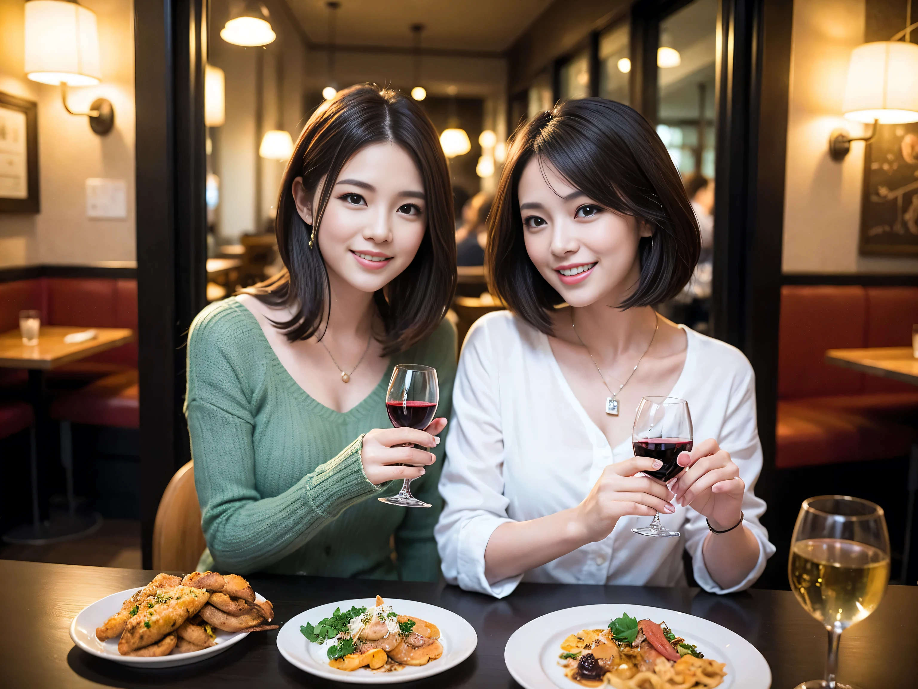 (highest quality、8k、masterpiece:1.3)、Beautiful woman with perfect figure:1.4、Ryoko Yonekura lookalike beauty、Dark brown hair、wine  、2 people、Knit dress、Highly detailed face and skin、fine grain、double eyelid、テーブルにWine Glass、Facial Lighting、 Amazing view of the sunset sky and clouds、Amazing mountain views、Laugh brightly、Smiling lovely woman、Bright image、The beauty of wine, Beautiful Face, blue eyes, Blushing, short hair,Bright Face、 (36 years old), 39 years old, Lady、Red wine 、Appetizers、Italian food、Wine Bottle、Champagne、Sparkling wine、Two beauties、Brown Hair、Shortcuts、Long sleeve shirt、dress、Pretty Woman 1, (Slim face), (The body is slim), (Brown Hair), (Shortcuts), cheeks turn a little red,Attractive beauty、, Out of the window, A beautiful and detailed night view unfolds.........., restaurant, In a prominent place (From the waist up) Nova Frog Style, actress, model, Upper Body, White wine, slim, Wine Glass, 