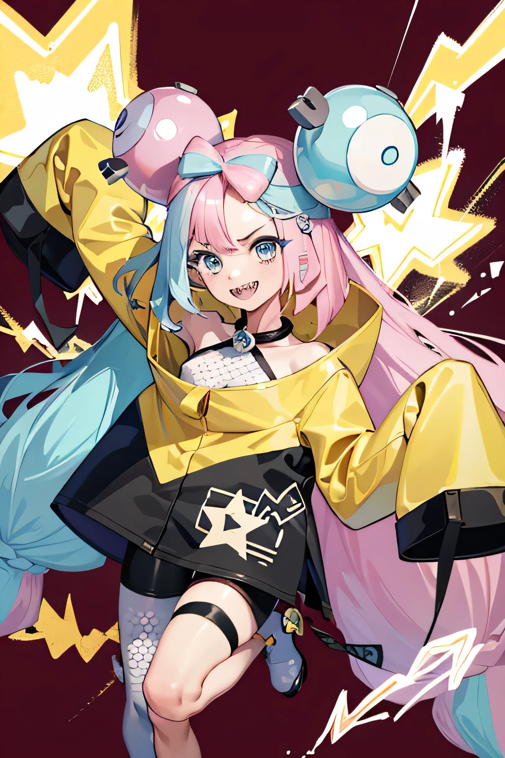 Highest quality、masterpiece、Anime Style、Pink hair and blue eyes、Yellow Jacket、Raise your right hand high、Lower your left hand、Stand with only your right foot、Lift your left leg。Sharp teeth、smile、White background、