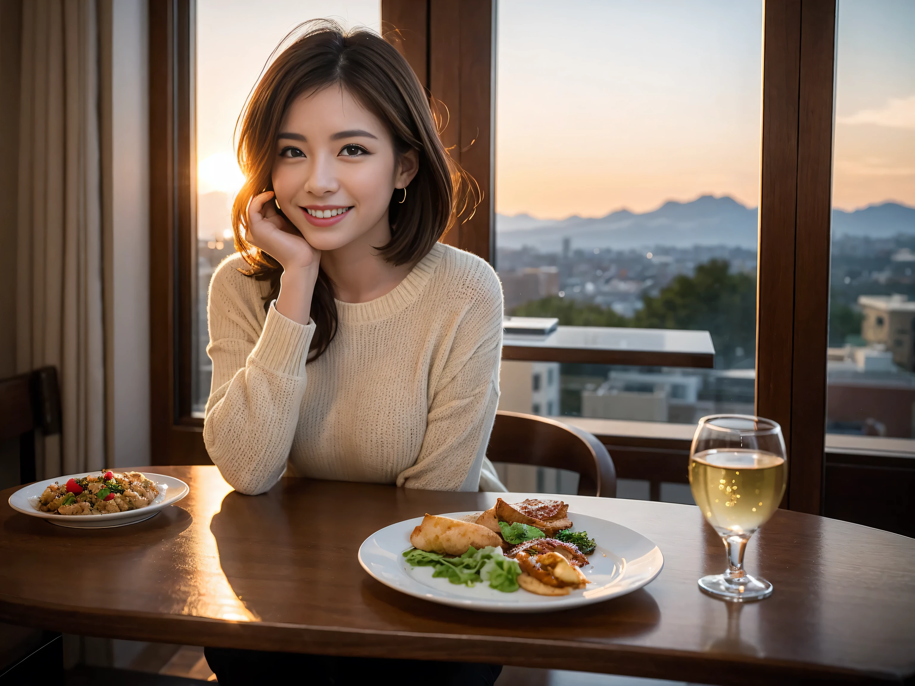 (highest quality、8k、masterpiece:1.3)、Beautiful woman with perfect figure:1.4、Ryoko Yonekura lookalike beauty、Dark brown hair、wine 、2 people、Knit dress、Highly detailed face and skin、fine grain、double eyelid、テーブルにWine Glass、Facial Lighting、 Amazing view of the sunset sky and clouds、Amazing mountain views、Laugh brightly、Smiling lovely woman、Bright image、The beauty of wine, Beautiful Face, blue eyes, Blushing, short hair,Bright Face、 (36 years old), 39 years old, Lady、Red wine 、Appetizers、Italian food、Wine Bottle、Champagne、Sparkling wine、Two beauties、Brown Hair、Shortcuts、Long sleeve shirt、dress、Pretty Woman 1, (Slim face), (The body is slim), (Brown Hair), (Shortcuts), cheeks turn a little red,Attractive beauty、, Out of the window, A beautiful and detailed night view unfolds.........., restaurant, In a prominent place (From the waist up) Nova Frog Style, actress, model, Upper Body, White wine, slim, Wine Glass,