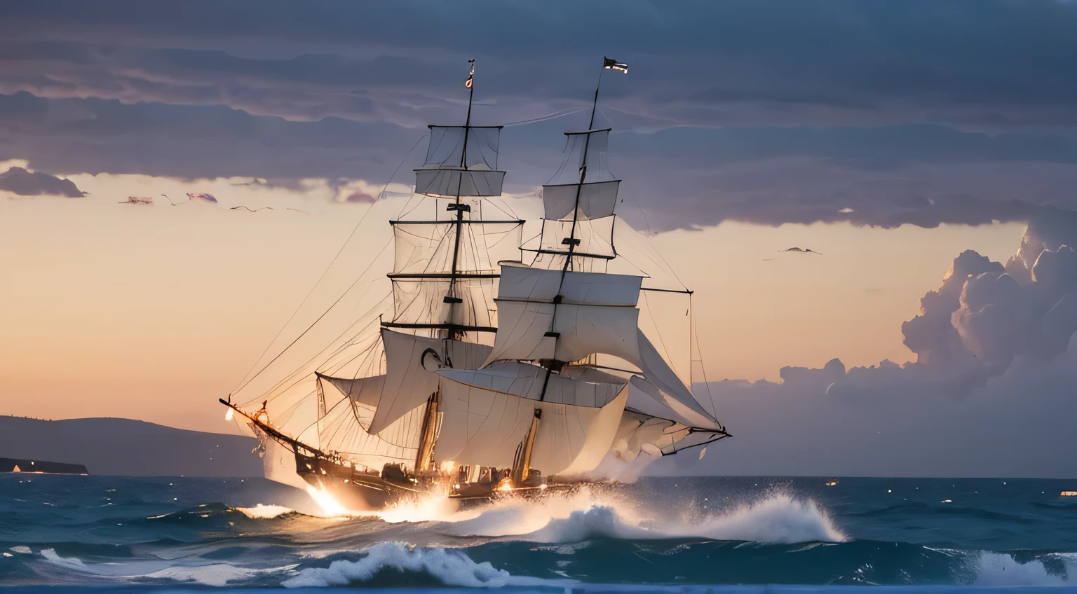 Dusk cumulonimbus clouds and a violent sea, a Western sailing ship in rough seas, a beautiful woman in Greek costume smiling.
Beautiful woman in Greek costume smiling.