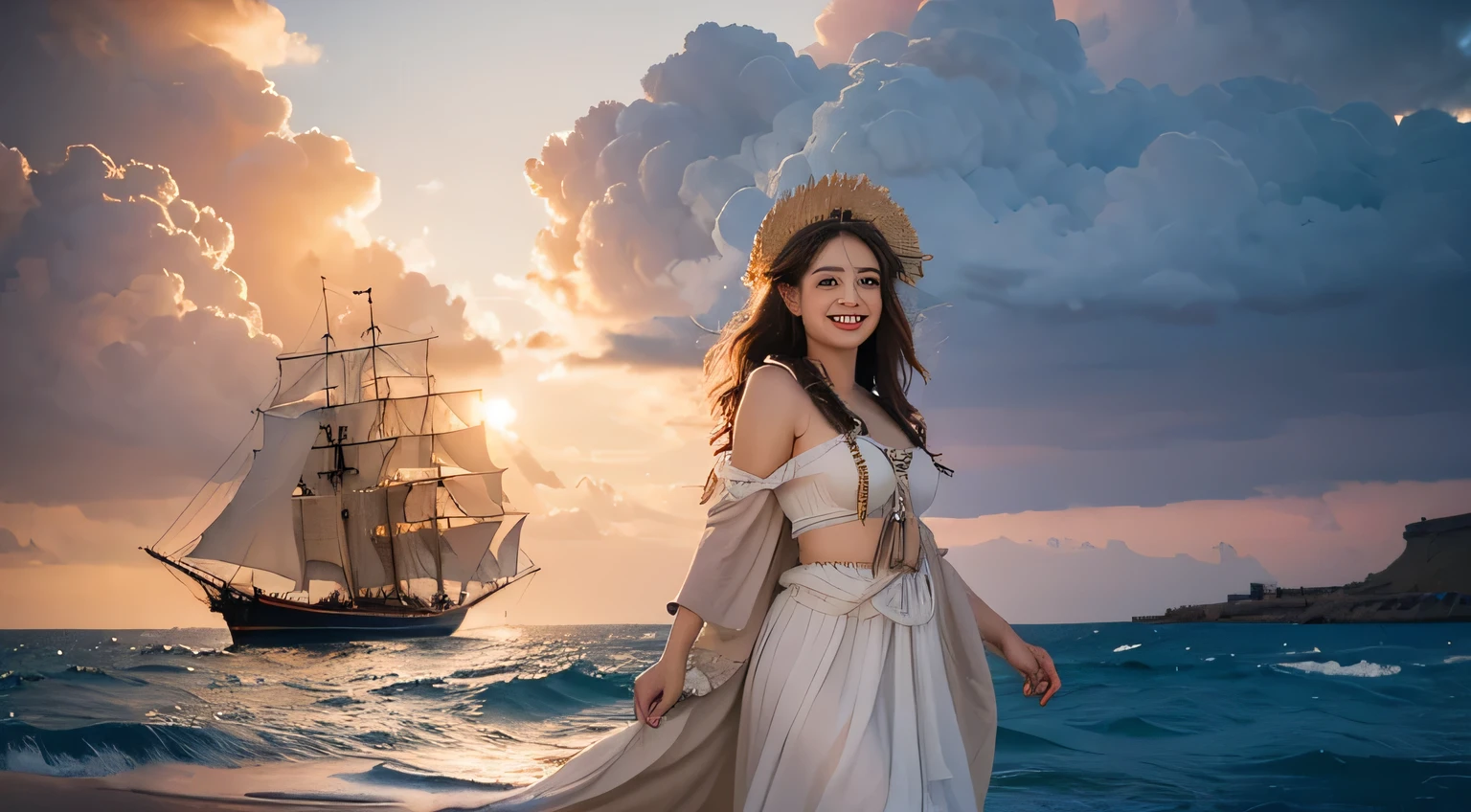 Dusk cumulonimbus clouds and a violent sea, a Western sailing ship in rough seas, a beautiful woman in Greek costume smiling.
Beautiful woman in Greek costume smiling.