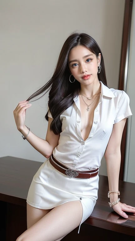 (8ก,high resolution,Masterpiece, best quality, alone, complicated details, Chromatic aberration), realistic, ((small breasts)), hair in one eye, big round hoop earrings, Diamond choker, Gold Necklace, silver necklace, small watch, bangle, bracelet, bangleข้อเท้า, waist necklace, (symmetrical eyes),(Perfect symmetrical body), (Photo of a beautiful 24 year old teenage girl), Beautiful and charming with contemporary fashion paintings as well.., looking at the audience, ((Behind the large bedroom)), (black short skirt), (((Wear a blue shirt over it.., ((white short sleeve, Open chest shirt), ((เปิดเสื้อโชว์small breastsน้อย, no bra,)), (open chest), (Sagging breasts.))), (()), (Long square leather belt buckle), ((Put your hands down.)), (bob, medium length hair, pinch, Side flatness, golden hair, (There is a thin layer of hair covering the face..)), Beautiful eyebrows, sharp eyeliner, eyelid, Blush, have thick eyelashes, sharp eyes, purple eyes, pink cheeks, Very delicate and beautiful, round chin, Sharp focus, elegant, red lips, Thin mouth, (Open your legs on the study table..), (Sit facing out and looking at the camera..), (Open your legs and lift your right leg over your left leg..), (), Set a seductive example, (Sagging breasts.)
