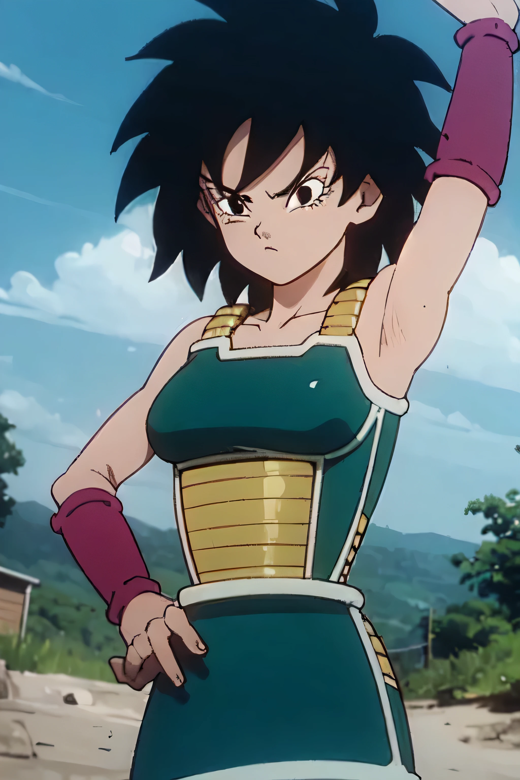gine,short black hair, black eyes, bare shoulders,pink wristbands,breastplate, green saiyan armor,green skirt,pantyhose, looking serious, angry, fighting pose, village, blue sky, high quality, masterpiece mature appearance,armpits,sweat,sweaty,sweaty armpits,arms up,showing armpits,awesome armpits,outfit,blackish red arm warmers,maroon arm bands, maroon arm warmers,both arms raised