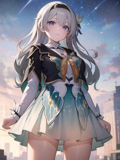 (masterpiece:1.3),((High resolution)),((high quality)),((Very detailed))、1 girl、Perfect balance、Perfect Face、Detailed face、Cute Face、beautiful詳細な目、Expressive eyes、Cute eyes、Shining Eyes、Perfect body、beautiful体、fire Fly\(Collapse：Star Rail\)、Multicolored Eyes、white[Grey or Sliver]hair、Black hair band、Purple eyes、dress、Long sleeve、Black jacket、Blue thighs、Black thighs、(Big Breasts)、(head shot)、Embarrassing、blush、grassland、beautiful女の子、Cute Face、beautiful顔、Cute Face、beautiful、最high quality、Excellent anatomy、smile、Mouth closed、blush、Are standing、From below、(snfw:1.3)
