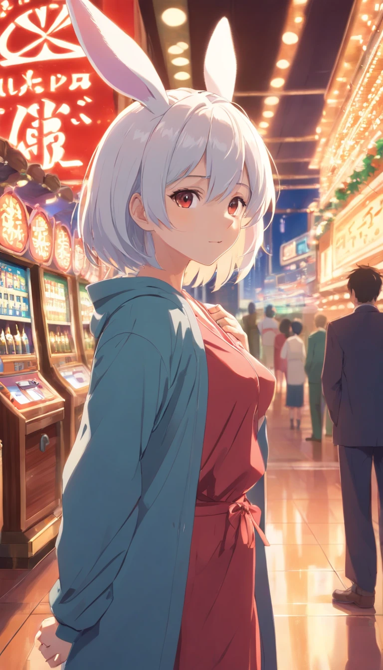 A 23-year-old cute girl,Height 1.40cm,White hair,Very long hair,Wearing a red bunny costume,Wearing white,Travel through the colorful casinos,Holding a bottle of wine,4k,Ultra high quality