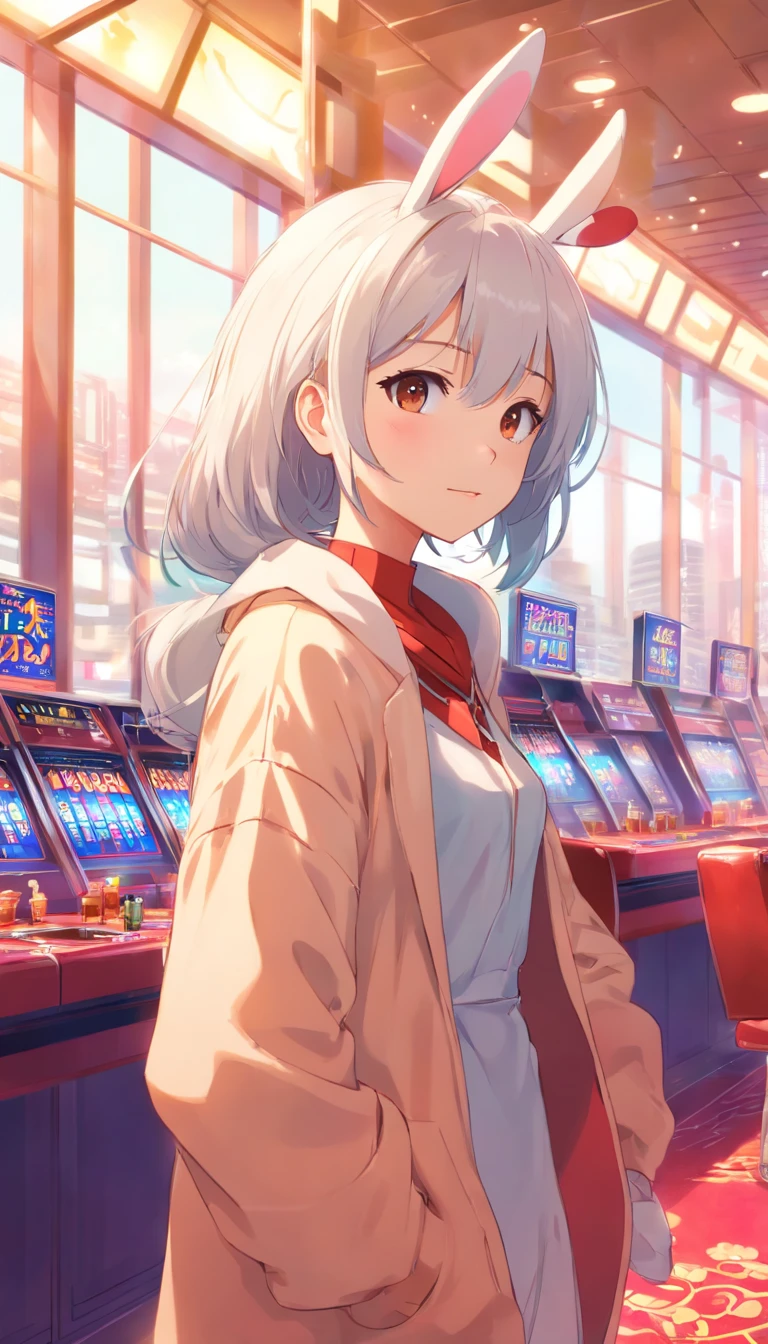 A 23-year-old cute girl,Height 1.40cm,White hair,Very long hair,Wearing a red bunny costume,Wearing white,Travel through the colorful casinos,Holding a bottle of wine,4k,Ultra high quality