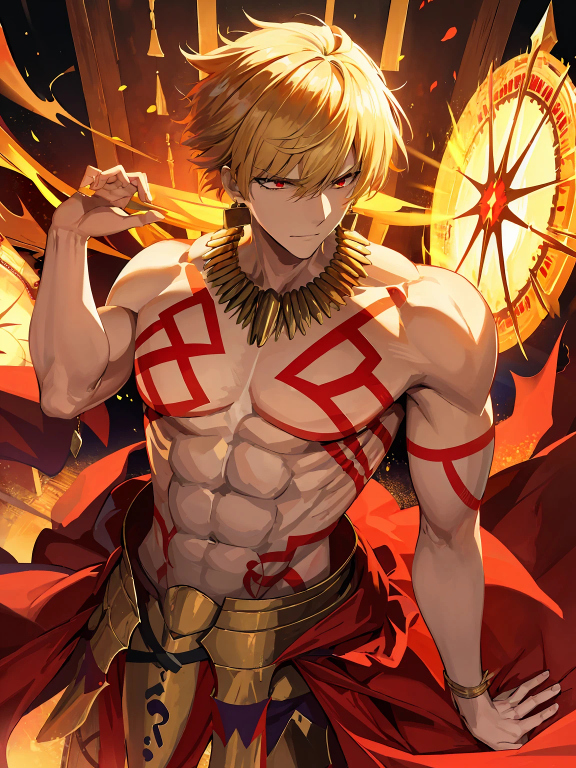 absurdres, highres, ultra detailed, HDR) master piece, best quality, Gilgamesh, blonde hair, expressive red eyes, solo, man, handsome, toned chest, topless, red tattoo, golden earrings, jewelry, golden armor, gate of ****lon