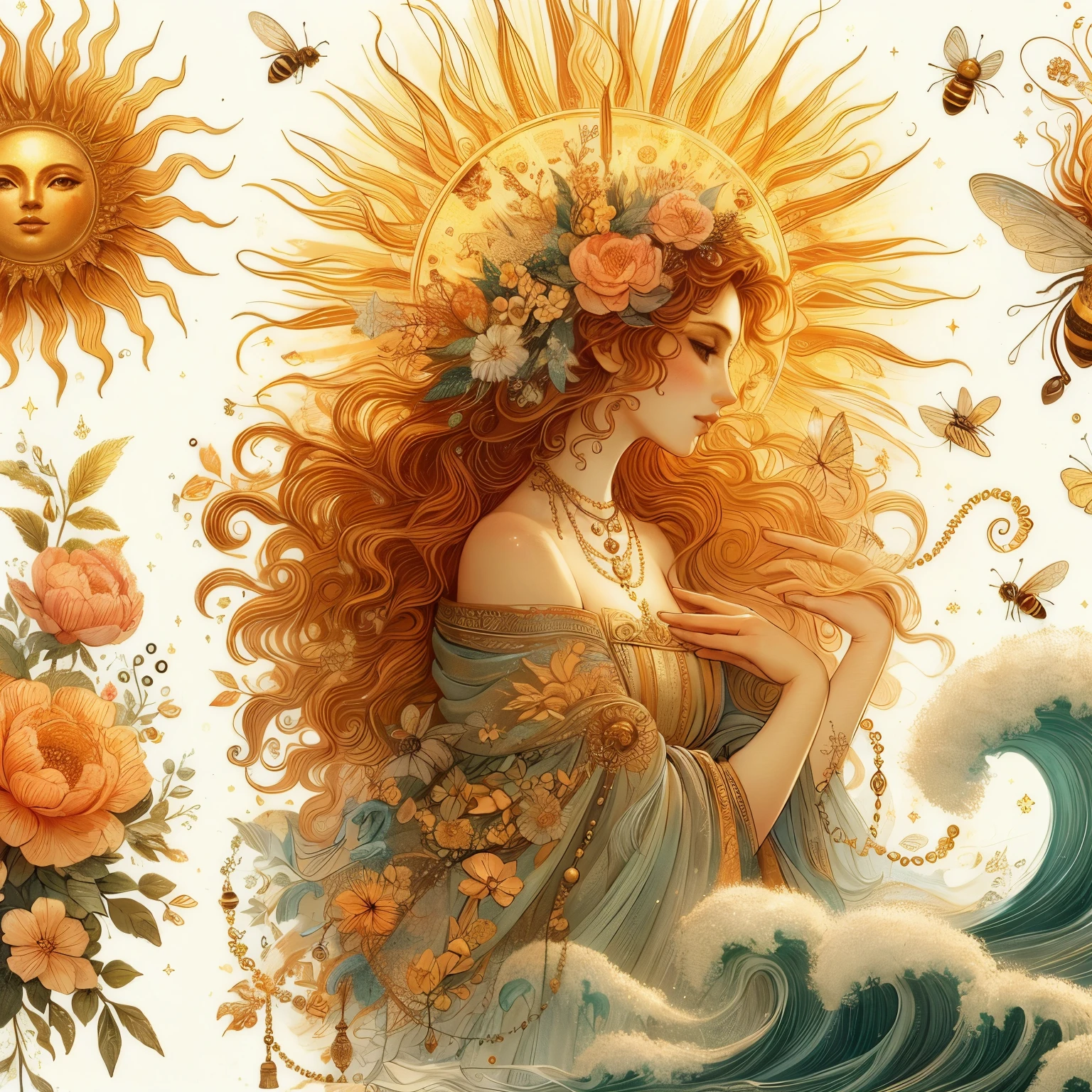 in the golden rays of the day the sun fairy dances her fiery charms and bells and bees and honey well treble out across the seas, much jewelry, topiary, filigree, beautiful silken dress, lacey accessories, time, full beautiful hair, beautiful eyes, swirling curling twirling beautiful fluffy hair,