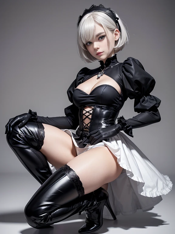 8K,Masterpiece,One woman,Smile,30 years old,blue eyes,White Hair,Short Bob Hair,(Gothic ta),Dutch beauty,Ella Freya(Ella Freya),skirt lift,(White panties),Panty Shot,2b, short hair, Knee socks, gloves, Long sleeve, dress, Slender figure, Cleavage, Small breasts, Gray Hair, hair band, boots, Puffy sleeves, black Knee socks, Black footwear, Mole, black dress, High heels, leotard, Clothing cutouts, thigh boots, Cleavage cutout, black hair band, Juliet Sleeve, high heel boots, Feather ornament sleeves,