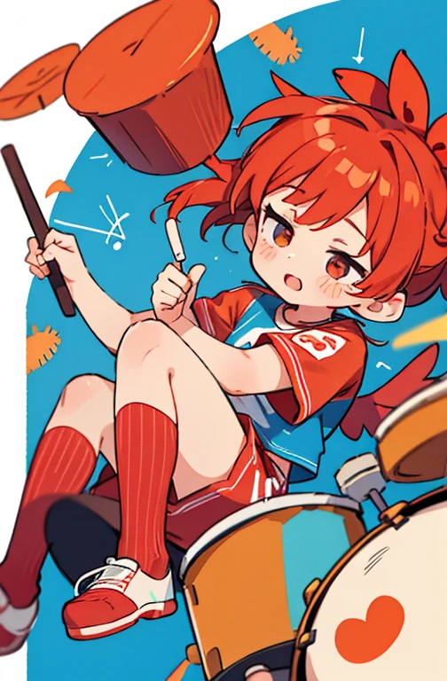 score_9, score_8_up, score_7_up, , 1girl red hair red top and blue shorts Orange Leaf-Like Wings: red mask blue and red stripe socks playing drums