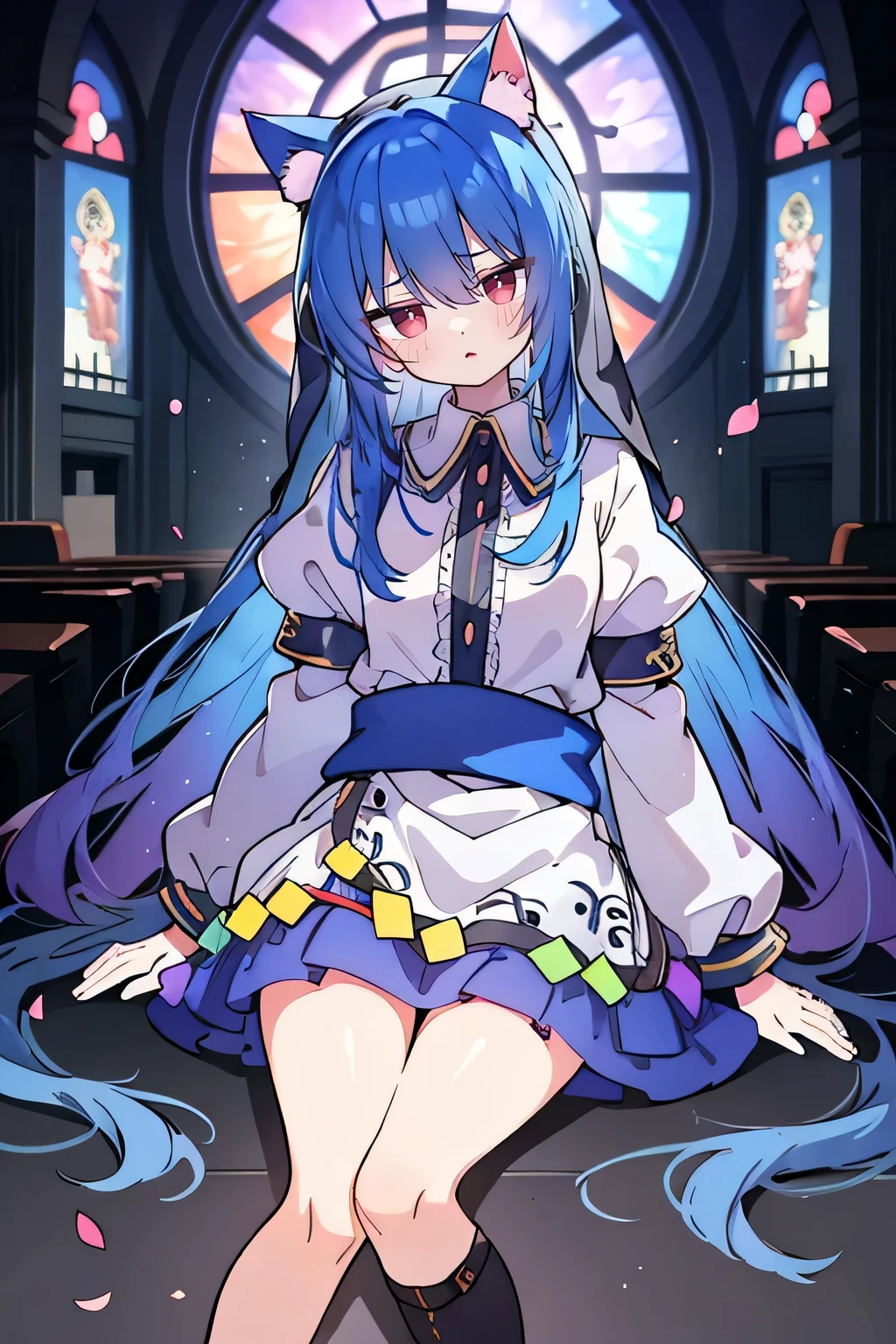 (masterpiece:1.2),Extremely detailed,Practical,expressive eyes,Fair skin,Perfect face shaping,1 Girl,
Japanese cartoons,Gorgeous blue hair, the long flowing blue hair,Floating clothes,Cat ears,Petals fall,beautiful lola,Angel,
Place your hands on your waist,sit elegantly on the ground,Cross your legs,Gentle and peaceful background,stately church,nun.