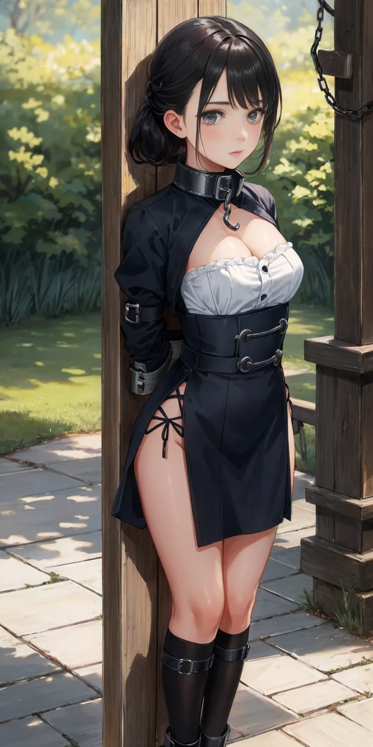 (masterpiece, best quality),  intricate details,
1girl,  phSaber, 
 (standing by wooden pole:1.2),  iron collar, arms behind back,  iron cuffs, shackles, bound,