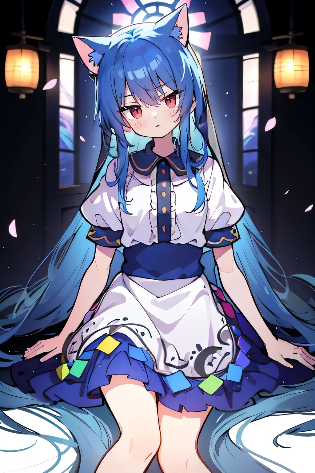 (masterpiece:1.2),Extremely detailed,Practical,expressive eyes,Fair skin,Perfect face shaping,1 Girl,
Japanese cartoons,Gorgeous blue hair, the long flowing blue hair,Floating clothes,Cat ears,Petals fall,beautiful lola,Angel,
Place your hands on your waist,sit elegantly on the ground,Cross your legs,Gentle and peaceful background,stately church,nun.