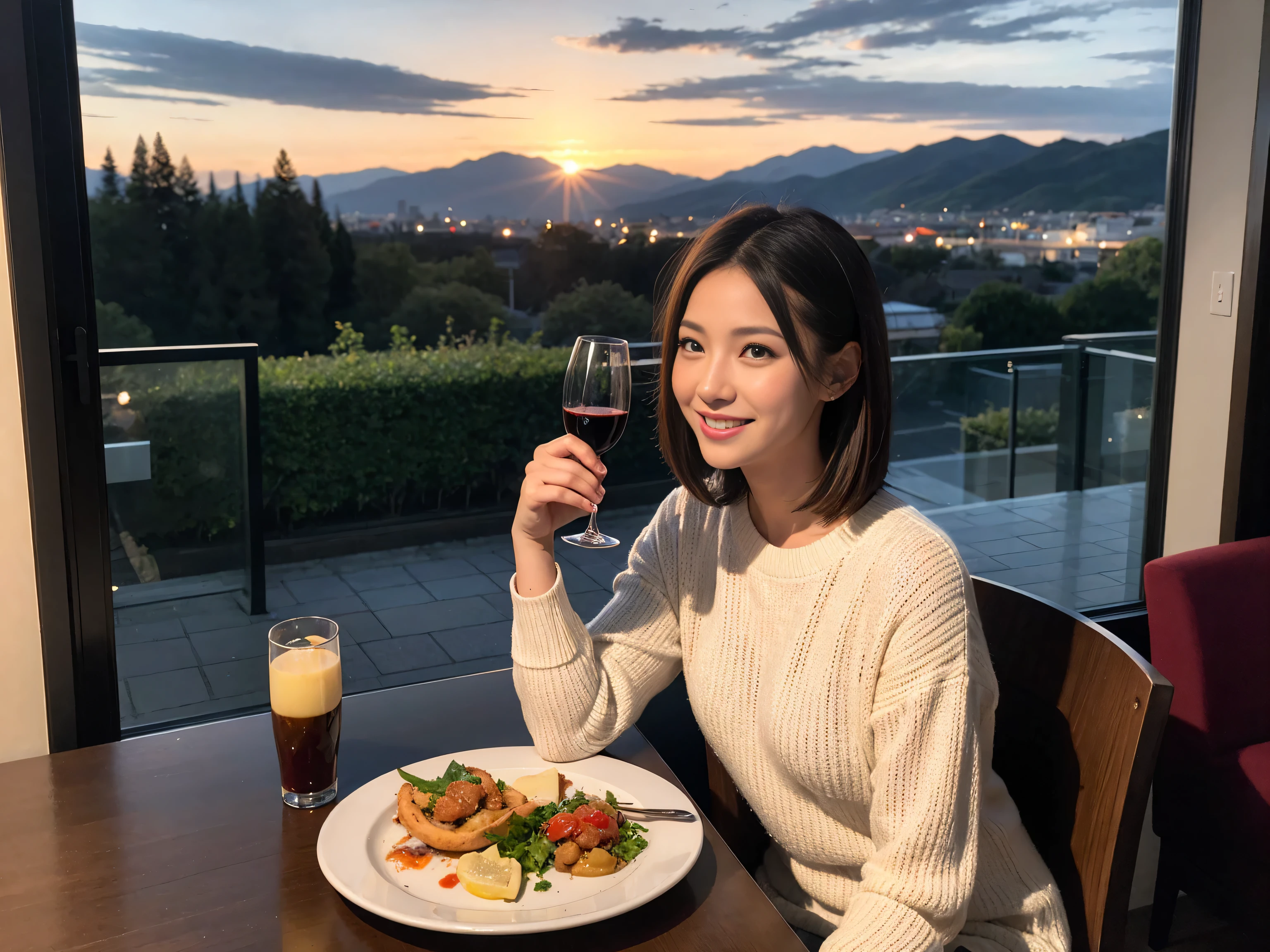 (highest quality、8k、masterpiece:1.3)、Beautiful woman with perfect figure:1.4、Ryoko Yonekura lookalike beauty、Dark brown hair、wine 、2 people、Knit dress、Highly detailed face and skin、fine grain、double eyelid、テーブルにWine Glass、Facial Lighting、 Amazing view of the sunset sky and clouds、Amazing mountain views、Laugh brightly、Smiling lovely woman、Bright image、The beauty of wine, Beautiful Face, blue eyes, Blushing, short hair,Bright Face、 (36 years old), 39 years old, Lady、Red wine 、Appetizers、Italian food、Wine Bottle、Champagne、Sparkling wine、Two beauties、Brown Hair、Shortcuts、Long sleeve shirt、dress、Pretty Woman 1, (Slim face), (The body is slim), (Brown Hair), (Shortcuts), cheeks turn a little red,Attractive beauty、, Out of the window, A beautiful and detailed night view unfolds.........., restaurant, In a prominent place (From the waist up) Nova Frog Style, actress, model, Upper Body, White wine, slim, Wine Glass,
