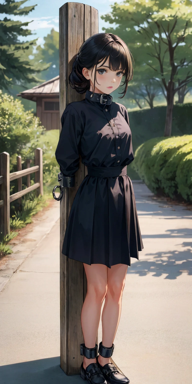(masterpiece, best quality), intricate details,
1girl, phSaber,
(standing by wooden pole:1.2), iron collar, arms behind back, iron cuffs, shackles, bound,