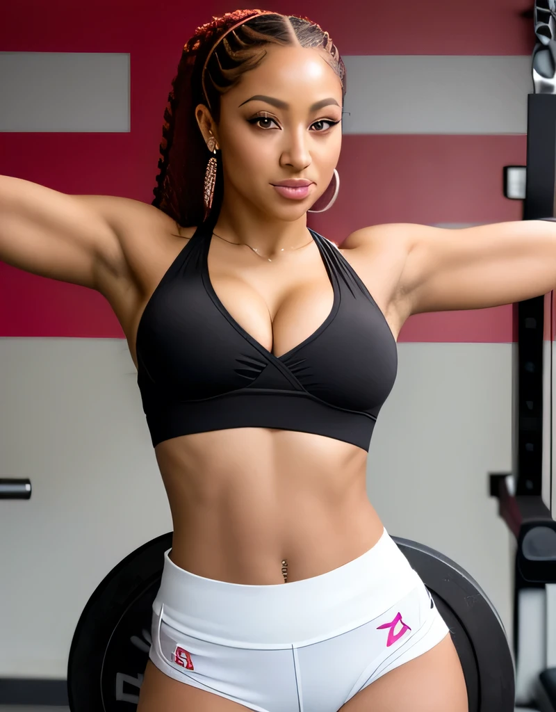 RAW photo, ((full body )) of ingrid Belásquez, venezuelan, a beautiful woman, 18 yo, brunette, wears a(( Athleisure outfit)),cleavage, (busty) , tanned skin, wonderful straight long Red longhair, round face, exotic light green eyes, fleshy mouth, thick lips, inocent face, eye contact, backing the camera, flirting at camera, dslr, high quality, film grain, hasselblad, helios 48mm f2, (((8k, best quality, masterpiece:1.2))), DETAILED SKIN
SKIN BLEMISH, (realistic, photo-realistic:1.37), Ultra-detailed, a close up of a Melaninated Caramel skin ebony woman with ((large hips)),((in the gym (( lifting weights )),Smiling and laughing with other people in the gym(((Looks like a mix of Dope celebrity females , Stacy Dash, Aalyah, Maya, Shakira, Ashcash, Danielle Bregoli Bhad Bhabie Hairstyle, Female Rapper Latto, Rubi Rose, RENNI RUCCI cardi b,nicky minaji)))