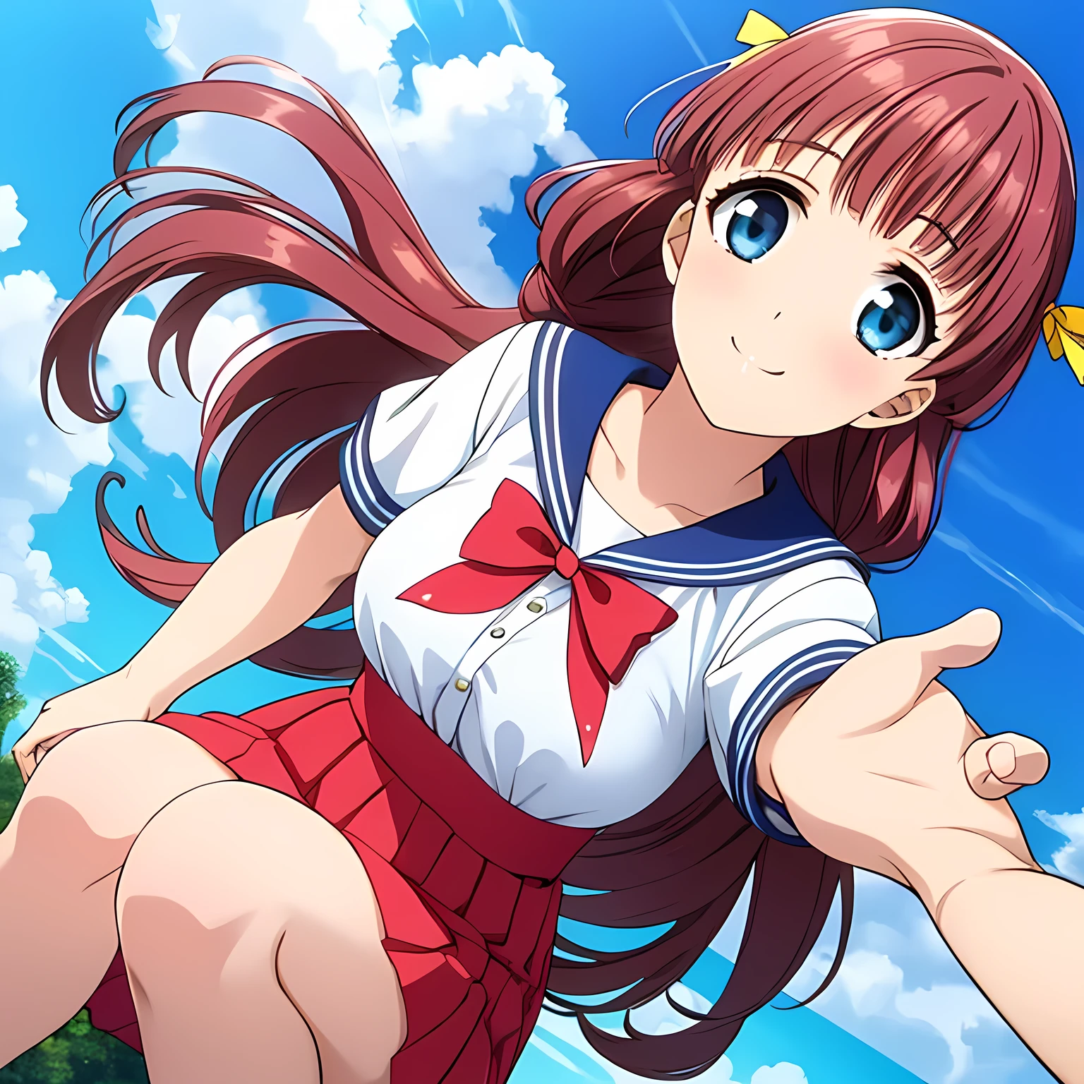 (highest quality, masterpiece:1.2), highest quality, High resolution, 1080p, 8K, CG of the heroine of a beautiful girl game, Height: 158cm, A beautiful heroine falls upside down from the deep blue sky with a smile on her face, A face that everyone loves, Glossy lips, Even bangs, Double, Long eyelashes on both the top and bottom, Big wide blue eyes, The very large and thick yellow ribbon bowtie is very cute., Beautiful, shiny red long hair, A neat red pleated skirt that reaches down to the knees, ((Red collar of sailor suit)), (((Light pink blouse))), Ribbon in hair, Thick calves, Tight waist, Many navy blue pleated skirts fall, Approaching the viewer with open arms, Shooting from below