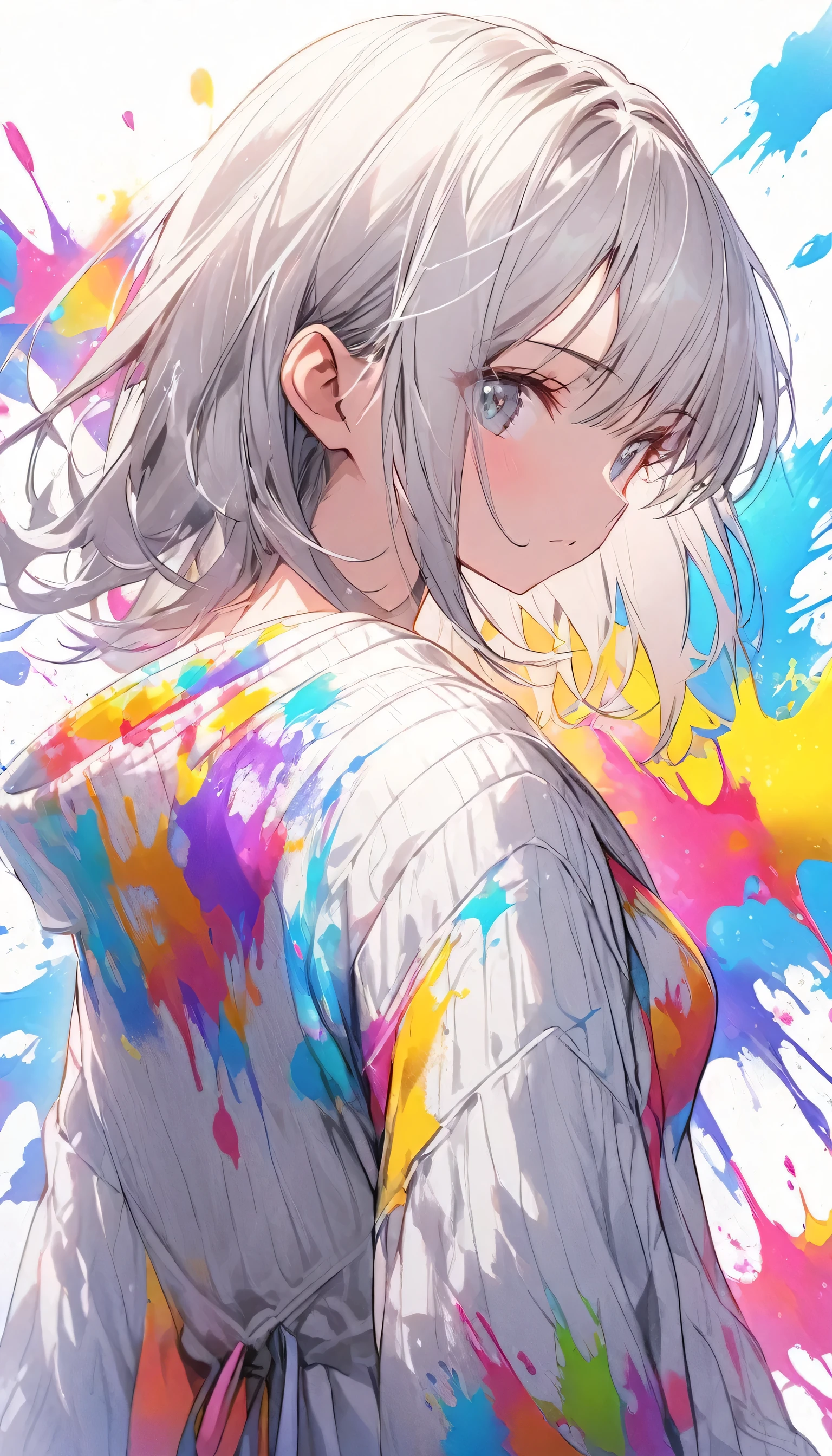 girl, slender body, ((boyish hair, very short silver hair )), knitted onepiece dress long sleeves, standing, upper body shot, colorful paint splash:1.5