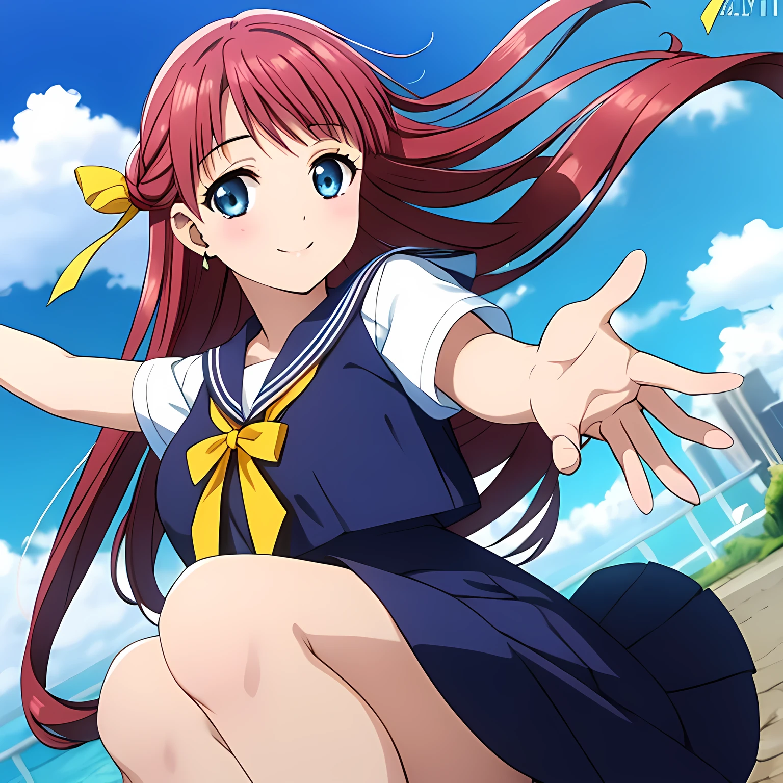 (highest quality, masterpiece:1.2), highest quality, High resolution, 1080p, 8K, CG of the heroine of a beautiful girl game, Height: 158cm, A beautiful heroine falls upside down from the deep blue sky with a smile on her face, A face that everyone loves, Glossy lips, Even bangs, Double, Long eyelashes on both the top and bottom, Big wide blue eyes, The very large and thick yellow ribbon bowtie is very cute., Beautiful, shiny red long hair, A neat red pleated skirt that reaches down to the knees, ((Red collar of sailor suit)), (((Light pink blouse))), Ribbon in hair, Thick calves, Tight waist, Many navy blue pleated skirts fall, Approaching the viewer with open arms, Shooting from below