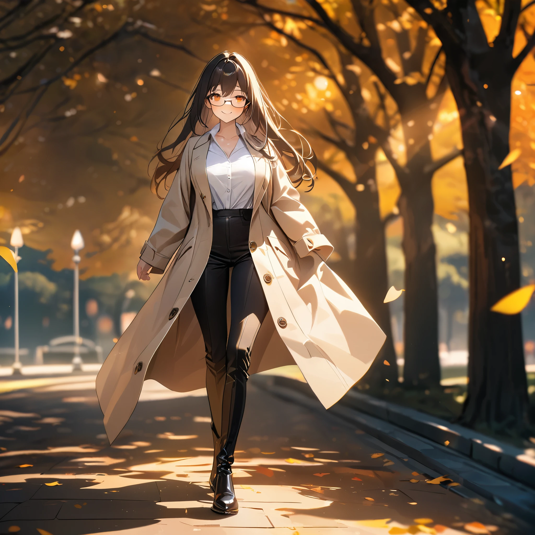 A woman wearing oversized beige coat with buttons, white shirt, black pants, black leather boots, long dark brown hair, orange eyes, smiling, big breasts, glasses on shirt collar, close up view, walking in a luxurious park in the autumn, atmospheric perspective, 8k, superdetail, accurate, best quality, full body, award-winning, textured skin, high resolution, anatomically correct, bokeh effect, ((woman solo).
