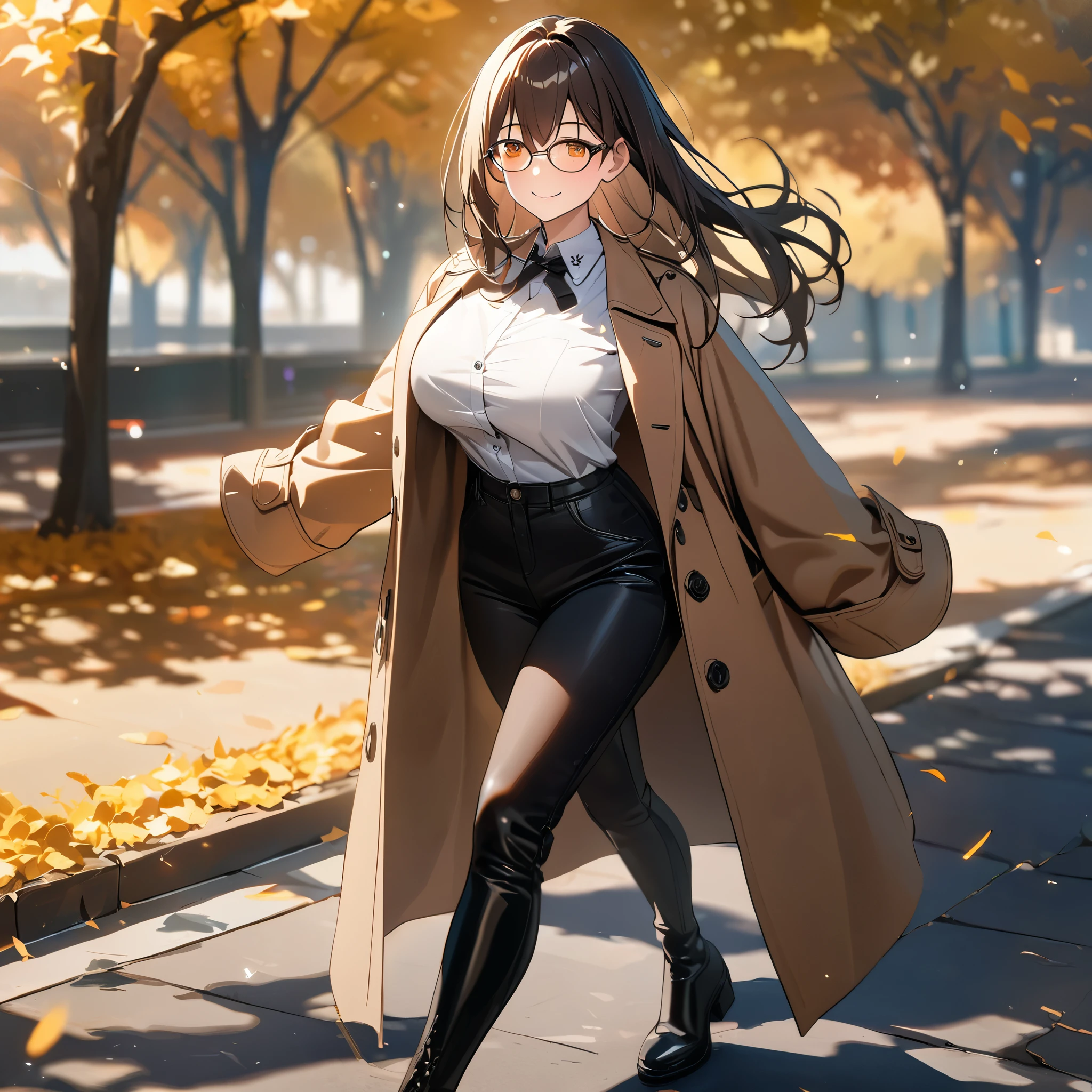 A woman wearing oversized beige coat with buttons, white shirt, black pants, black leather boots, long dark brown hair, orange eyes, smiling, big breasts, glasses on shirt collar, close up view, walking in a luxurious park in the autumn, atmospheric perspective, 8k, superdetail, accurate, best quality, full body, award-winning, textured skin, high resolution, anatomically correct, bokeh effect, ((woman solo).
