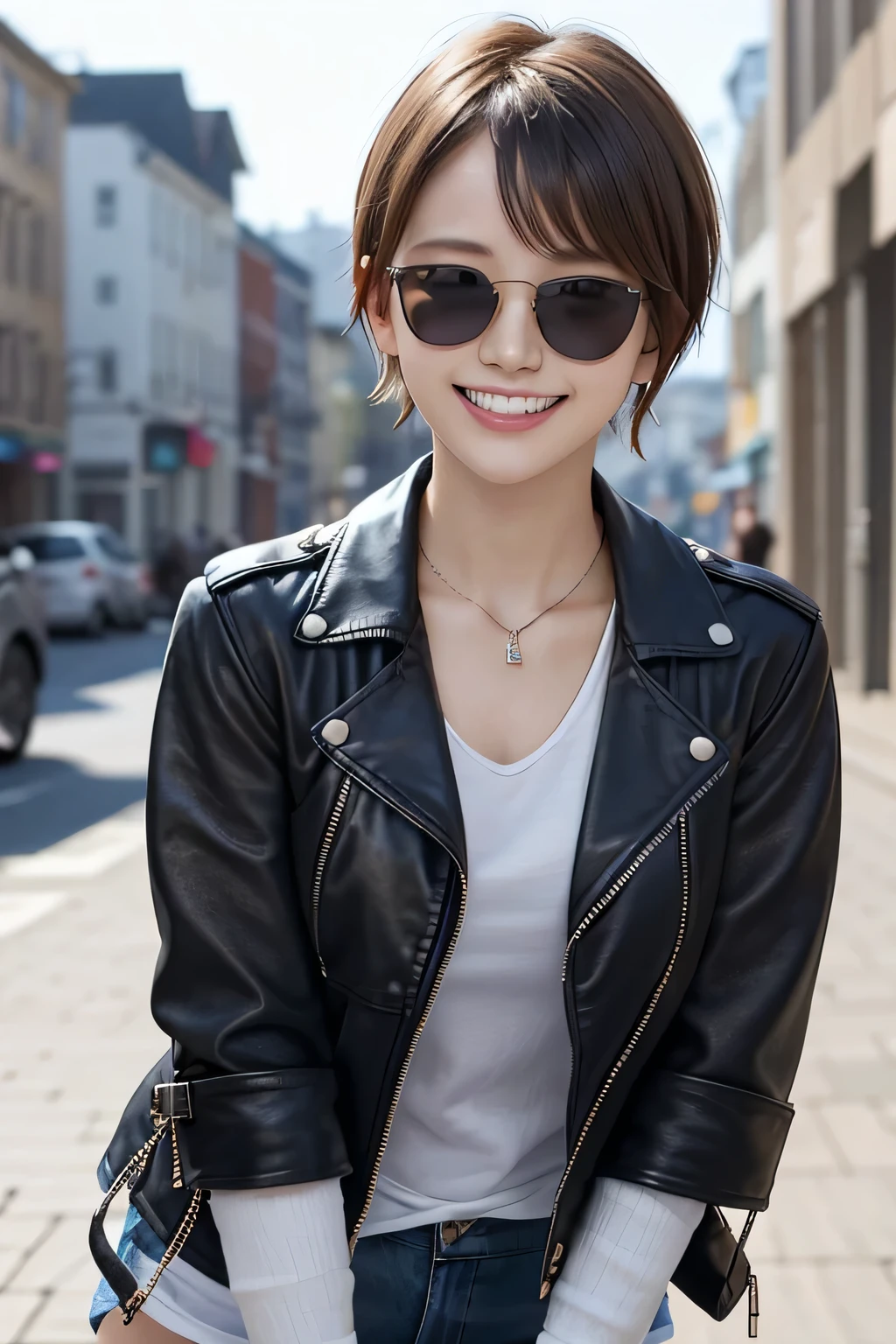 205 ((short hair)), 20-year-old female, In underwear、Leather jacket with sleeves unworn、Wear a jacket over your shoulders、Misaligned sunglasses、smile、Beautiful teeth alignment、、Black Hair、ear piercing、Necklace around the neck、Looking into the camera, The background is the city